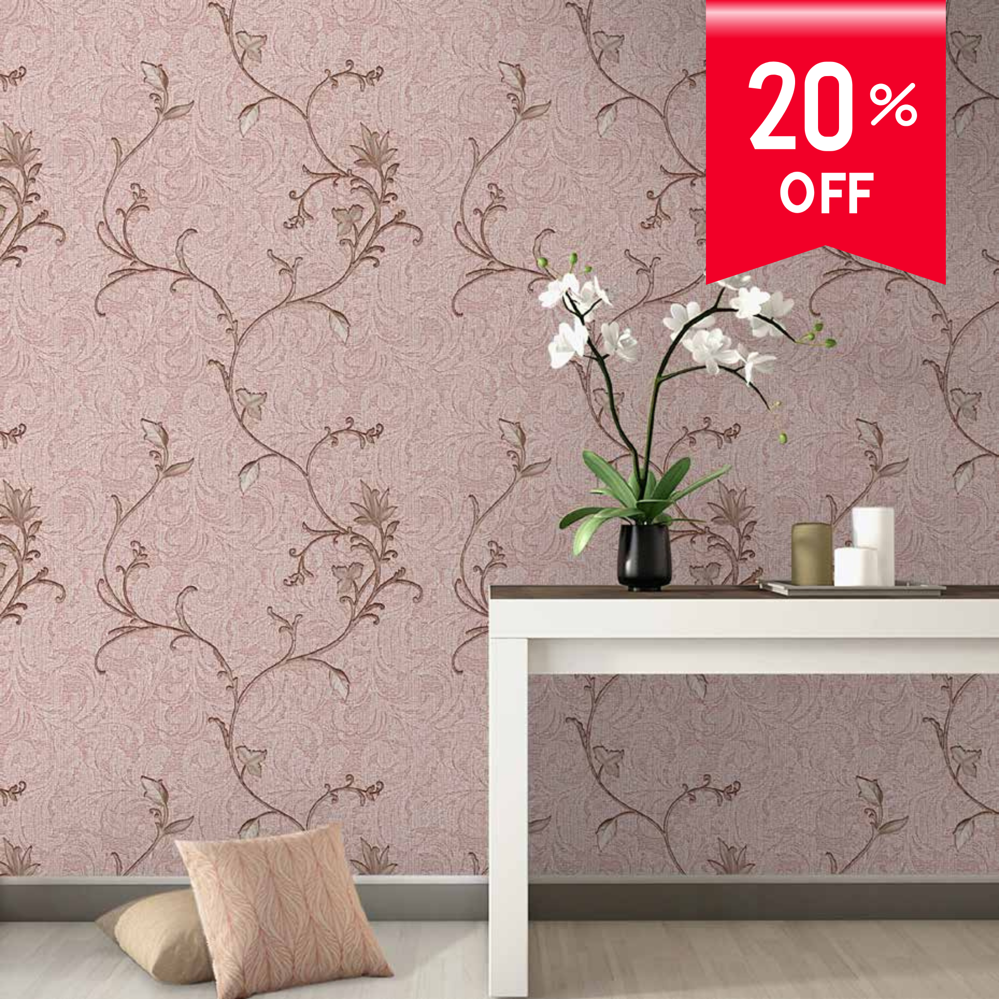 Decorative wallpaper with floral pattern and a table with decor items in a room.