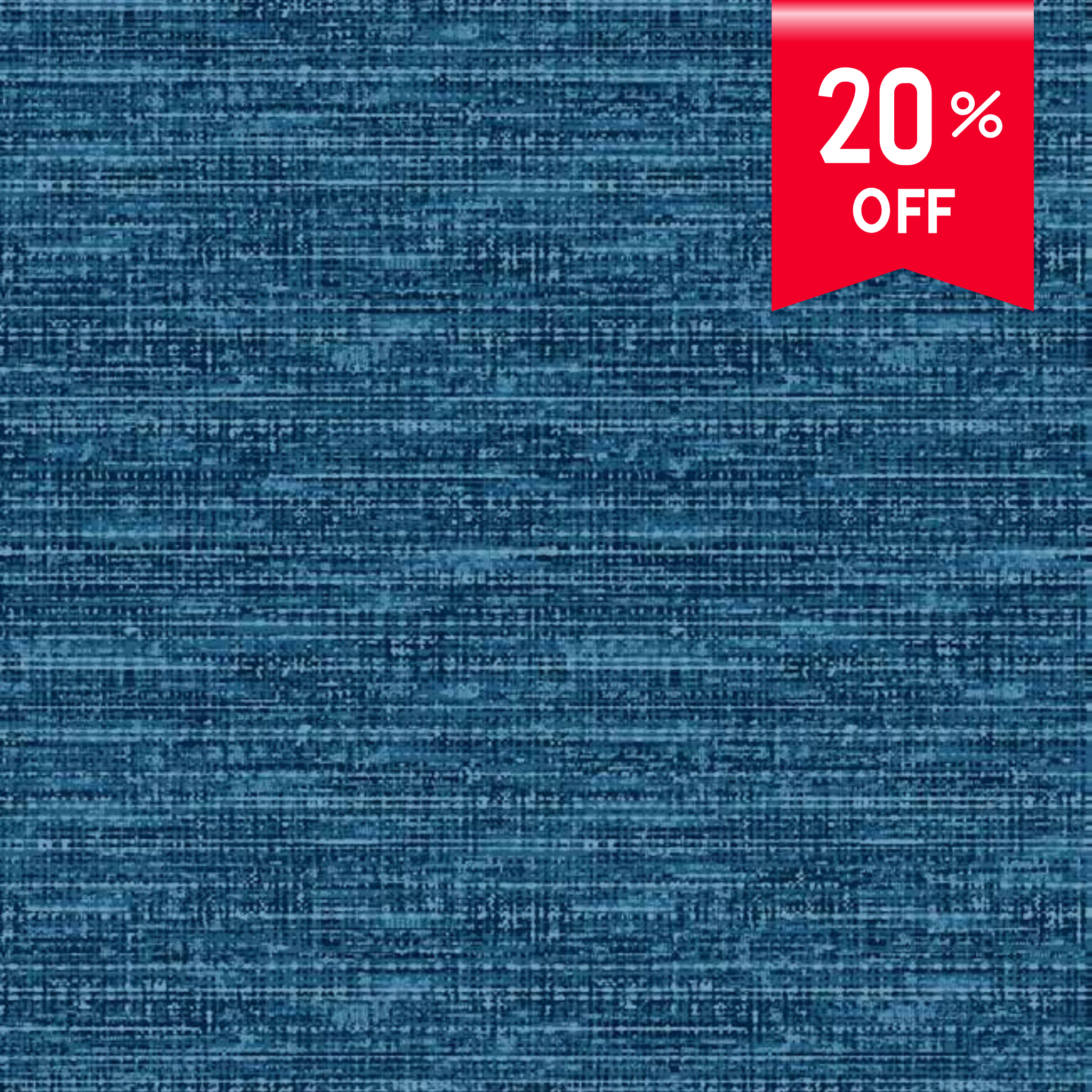 Blue textured fabric with a red discount banner displaying '20% OFF'.