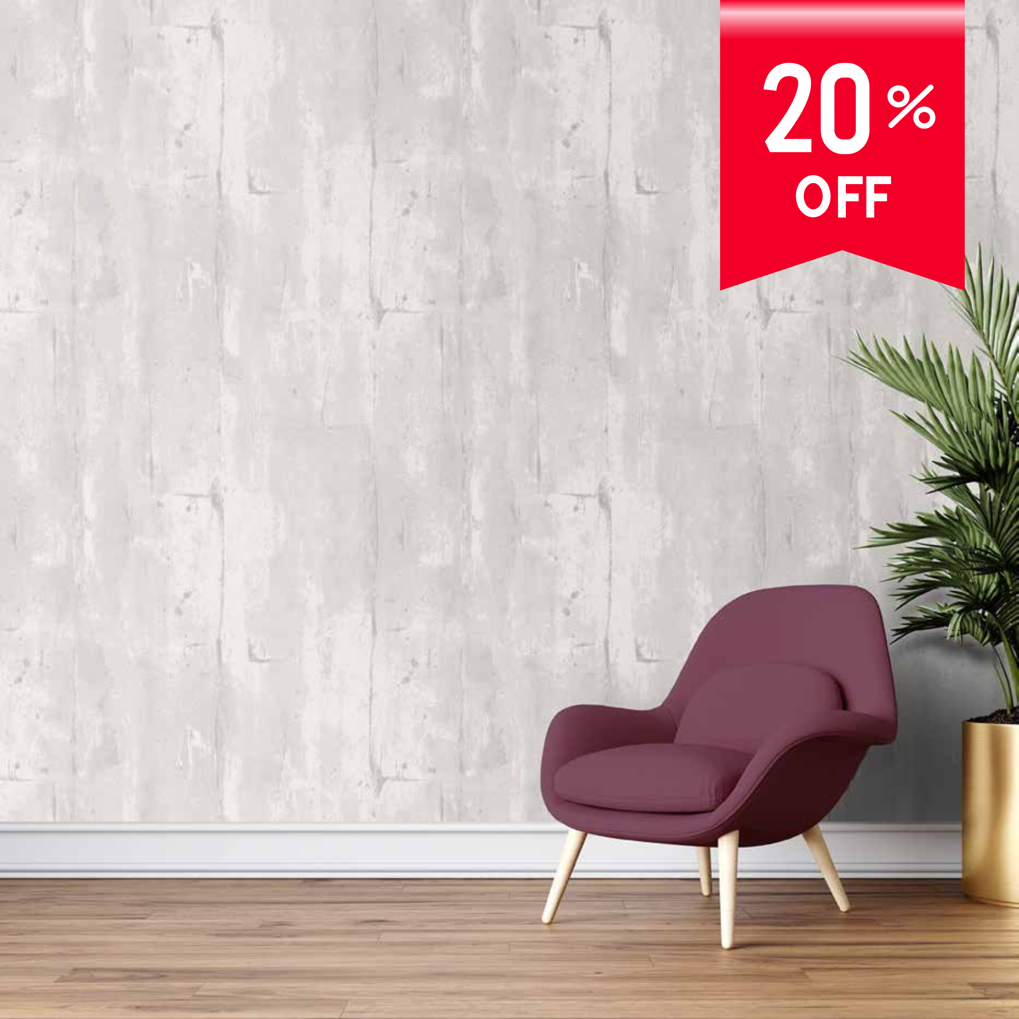 Modern purple chair with a plant against a light gray wall with a 20% off sign.