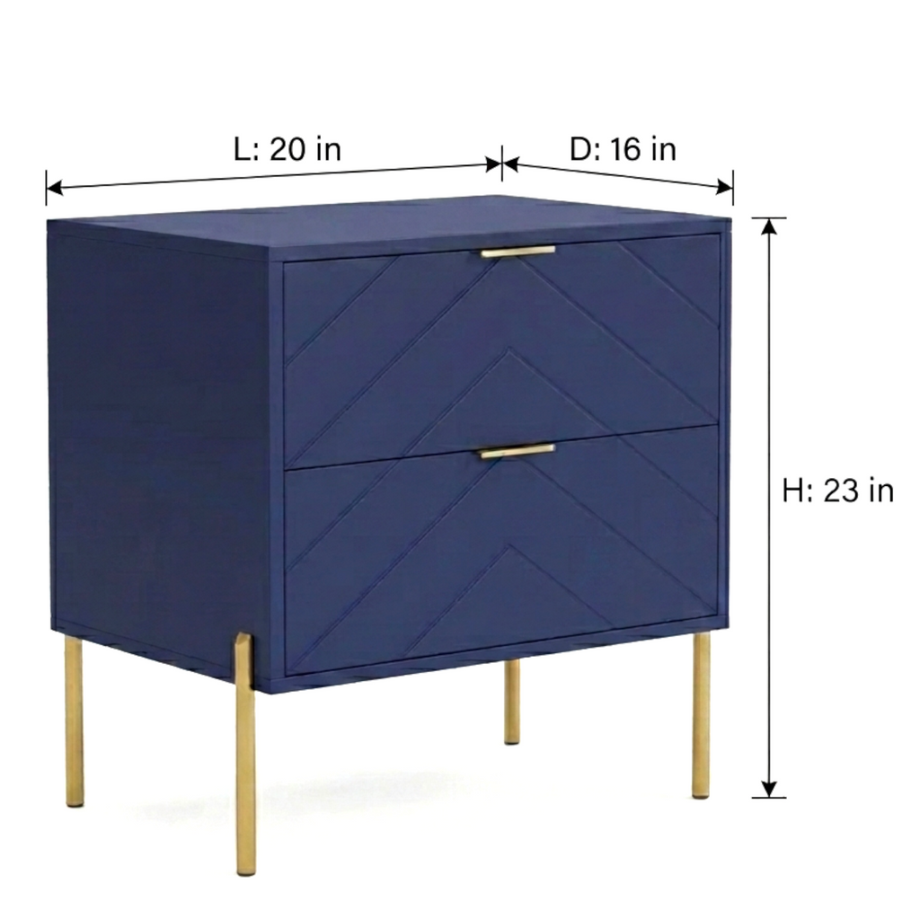Blue nightstand with gold legs and dimensions on a white background