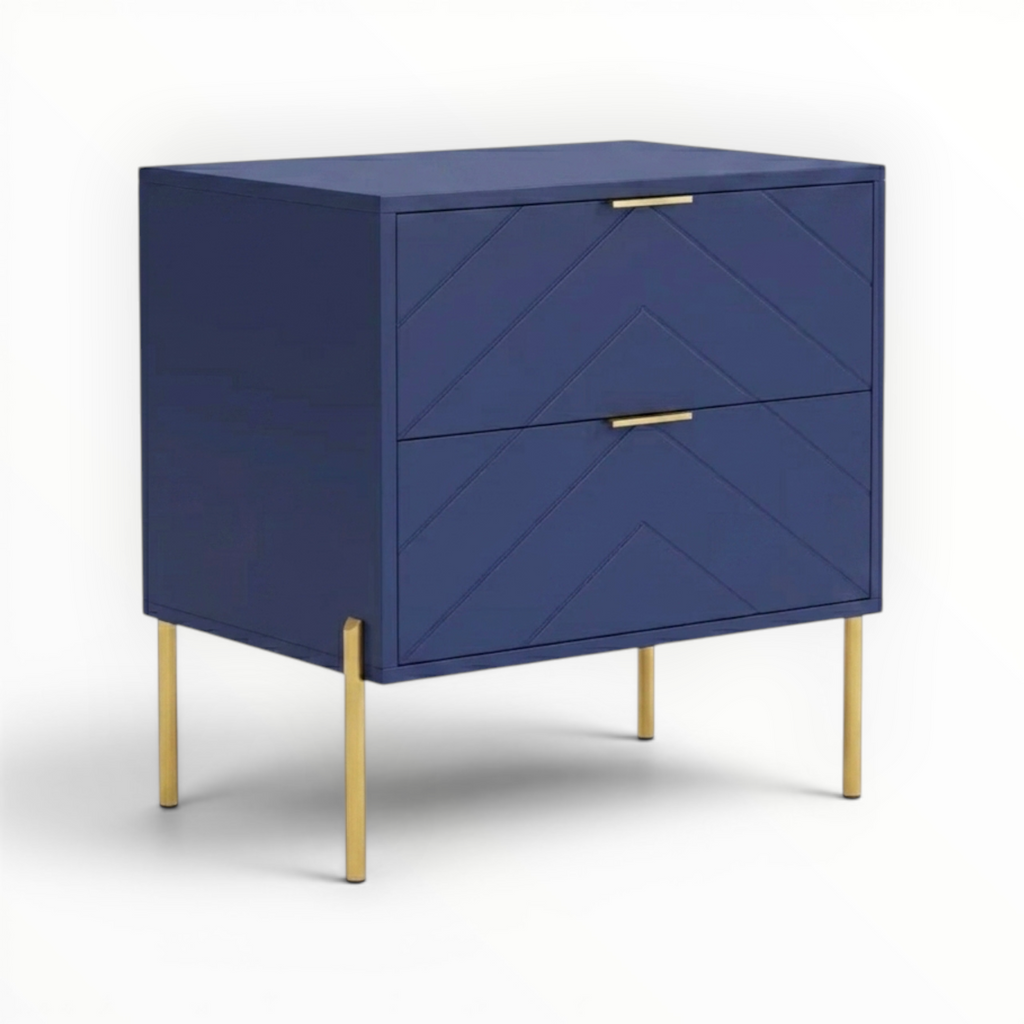 Blue cabinet with gold legs and handles on a white background