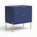 Blue cabinet with gold legs and handles on a white background