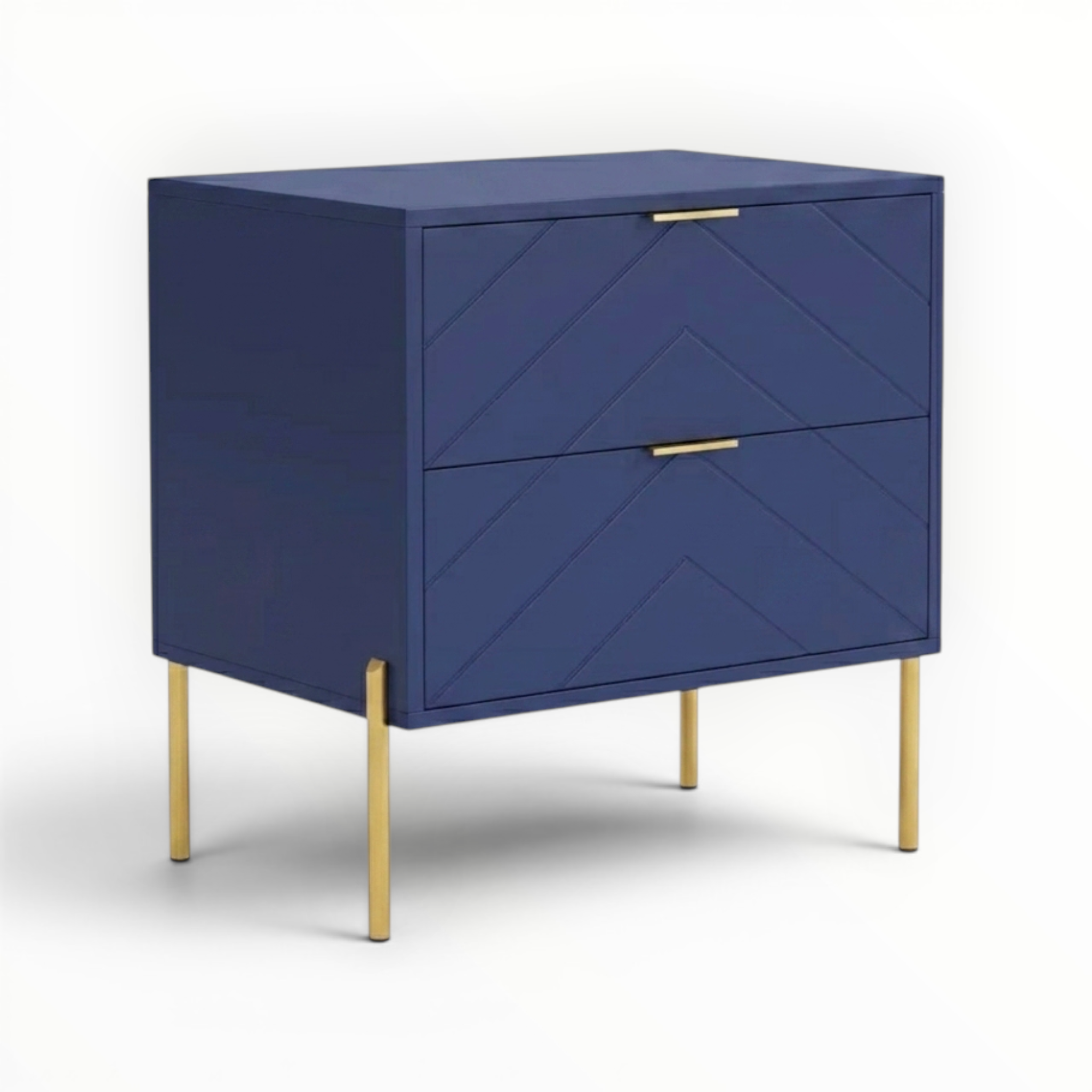 Blue cabinet with gold legs and handles on a white background