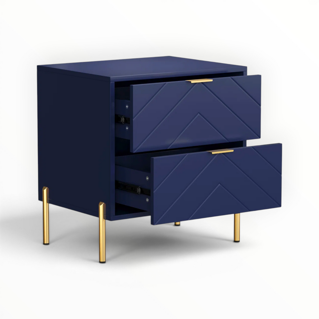Navy blue nightstand with gold legs and open drawer on a white background