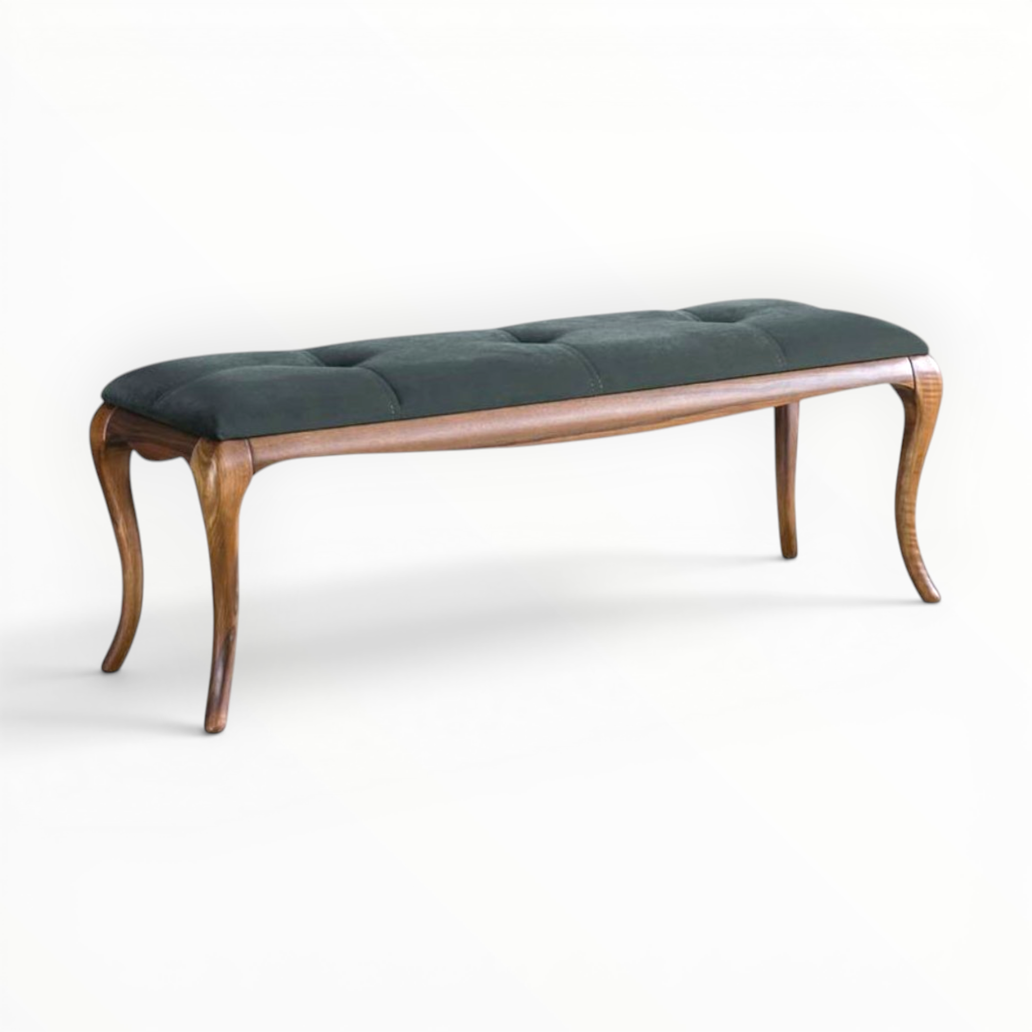 Wooden bench with green cushion on a white background