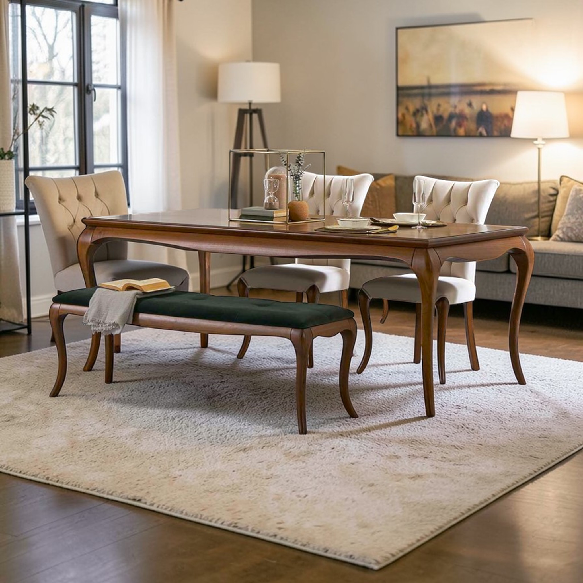 Dining room with wooden table, chairs, and bench on a large rug.