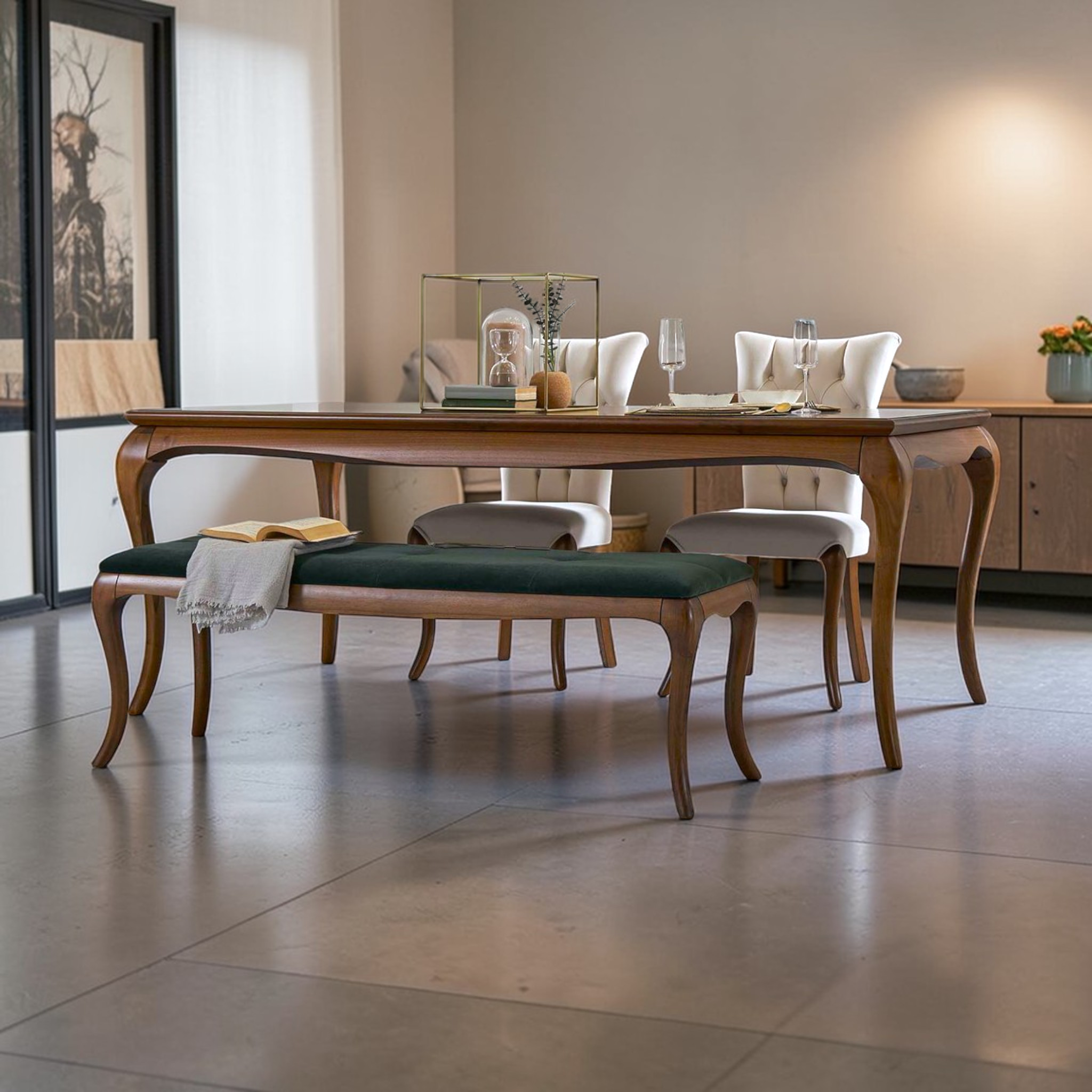 Dining room with wooden table, chairs, and bench in a modern interior setting.
