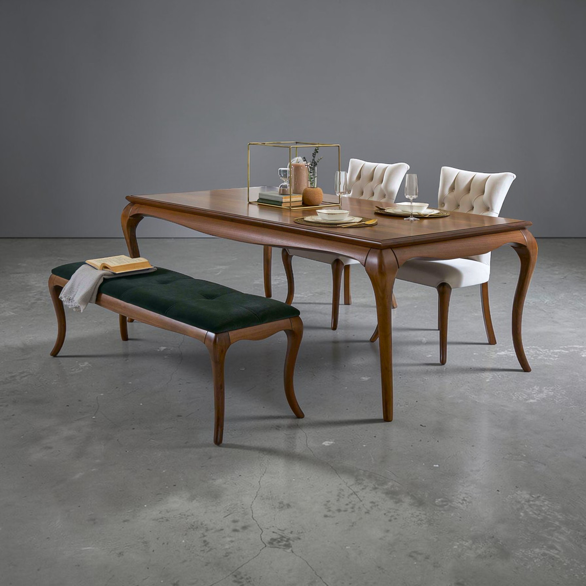 Dining table with chairs and a bench in a minimalistic setting