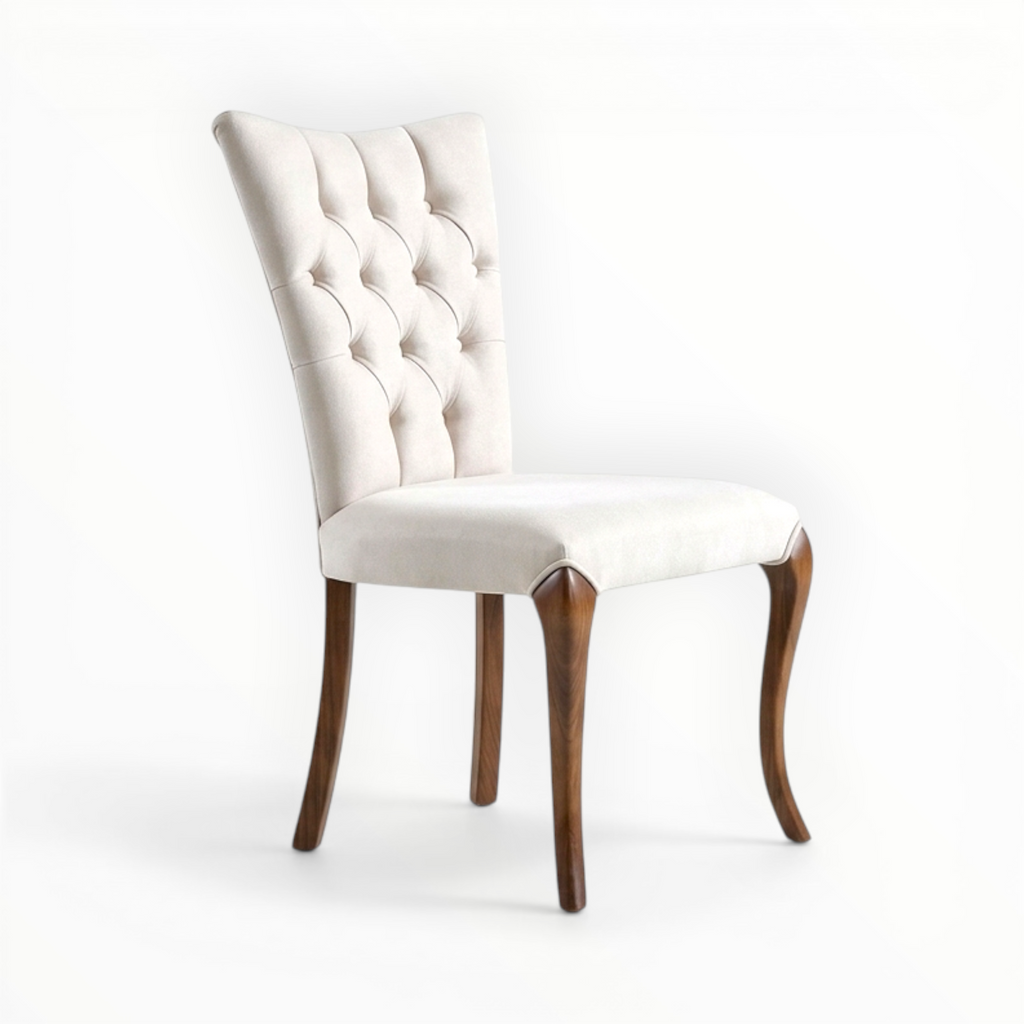 White upholstered chair with wooden legs on a white background