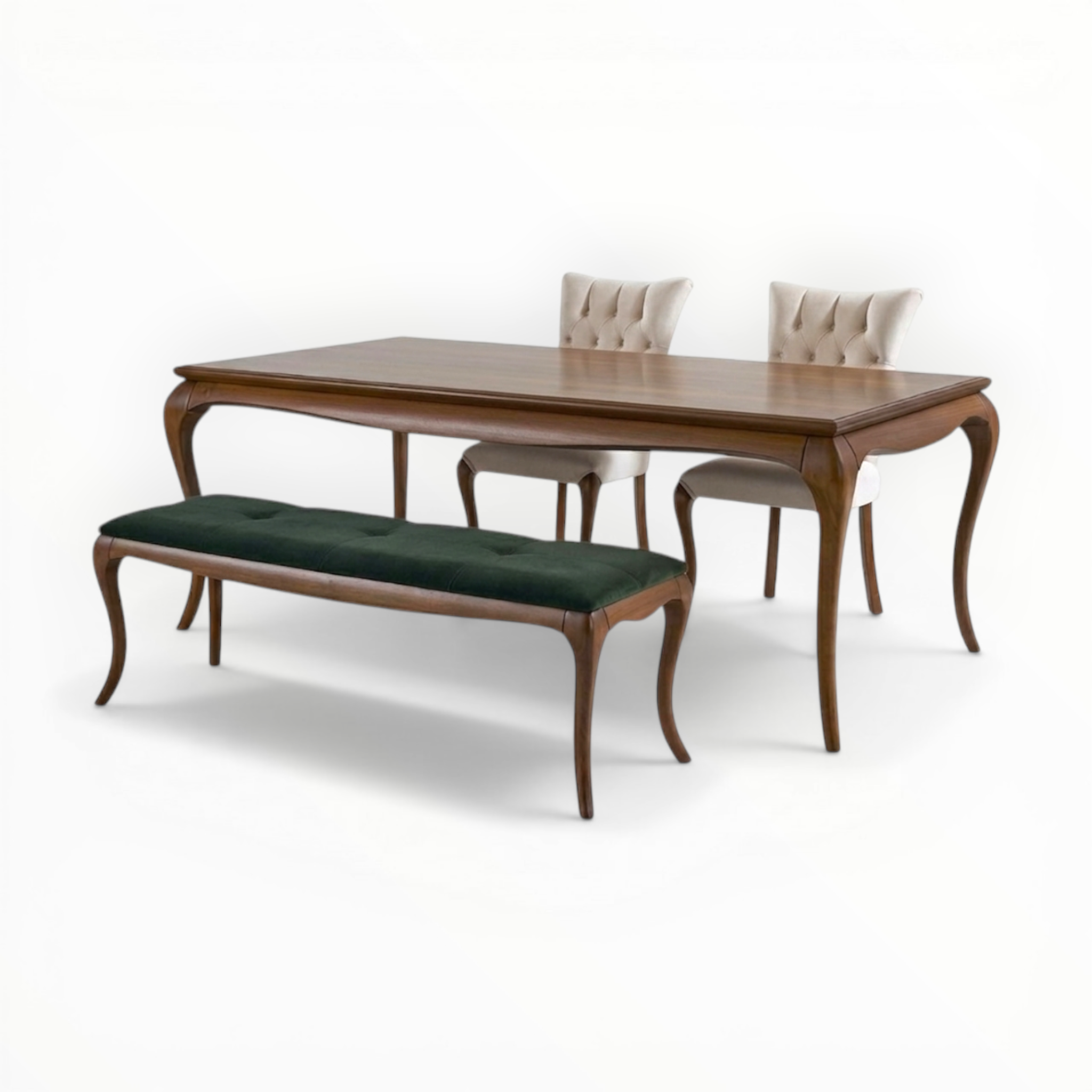Wooden dining table with two chairs and a bench on a white background