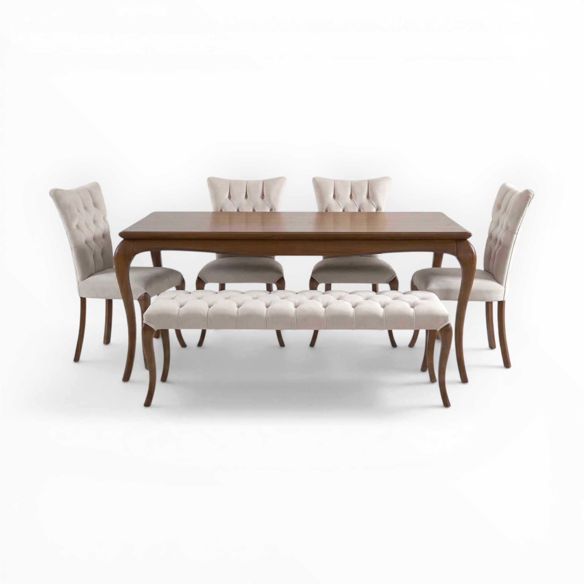 Dining table set with chairs and a bench on a white background