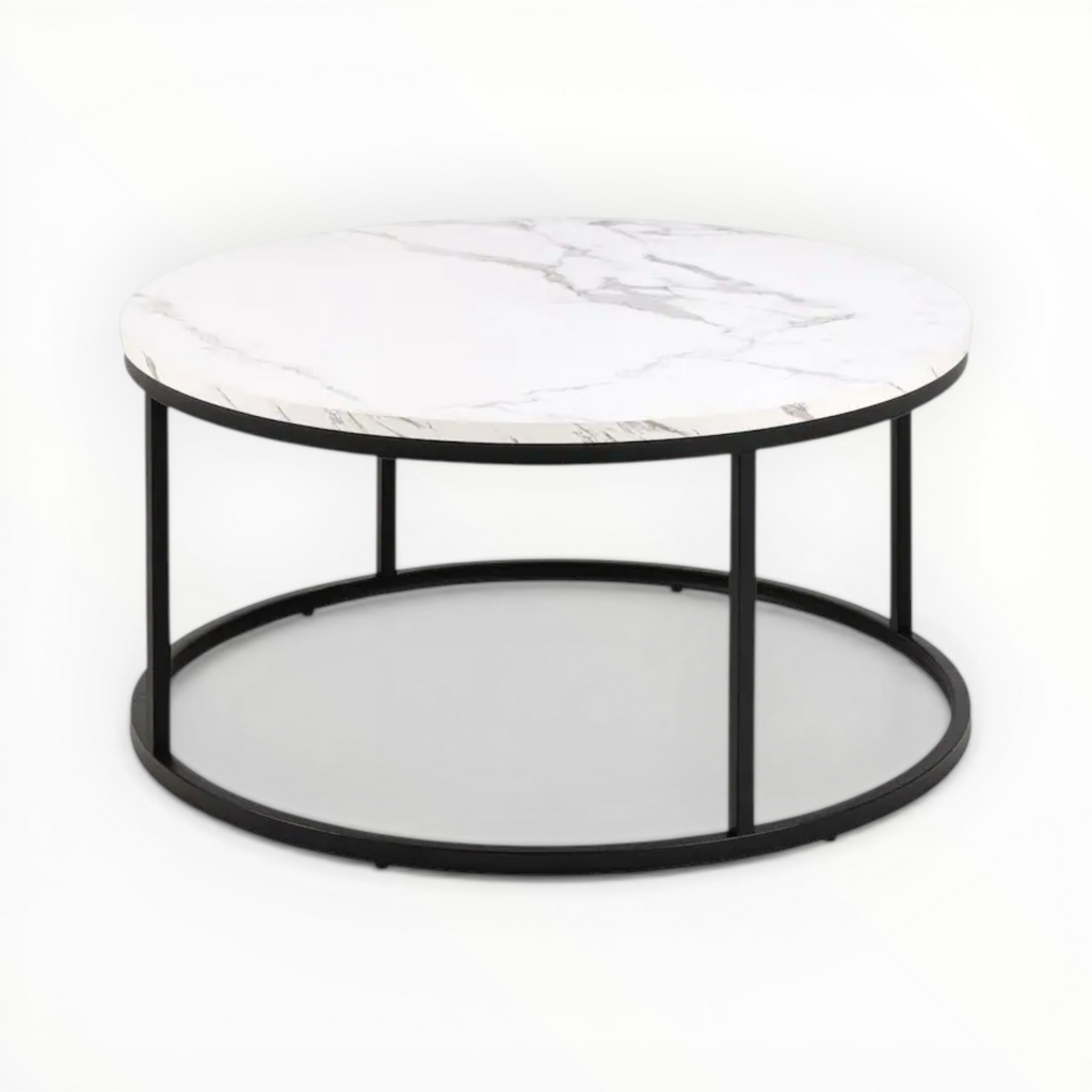 Round coffee table with marble top and black metal frame on a white background