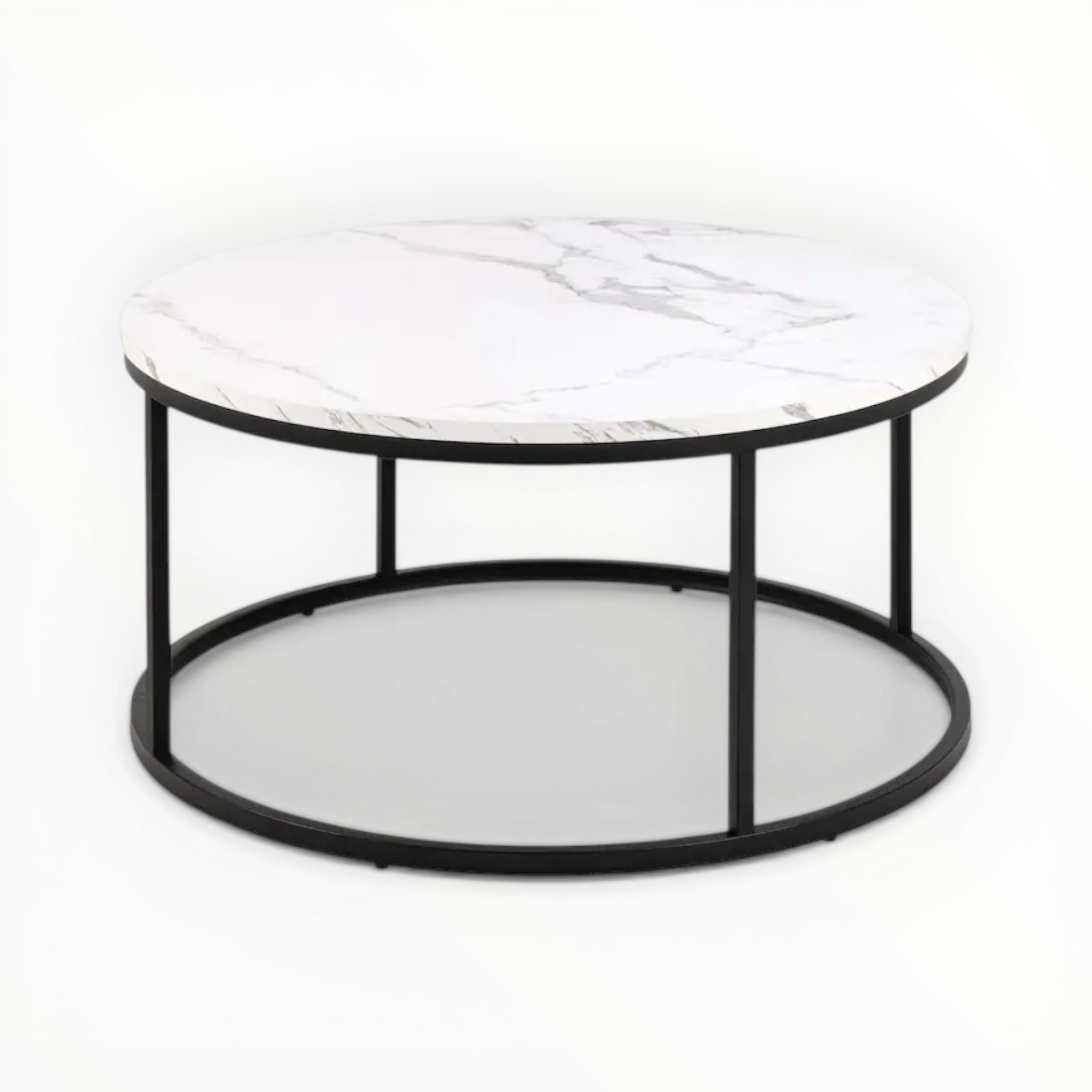 Round coffee table with marble top and black metal frame on a white background