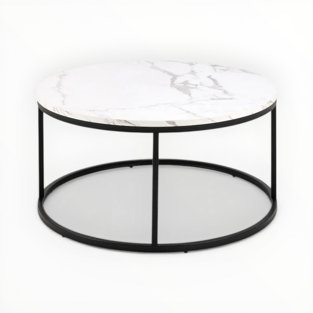 Round coffee table with marble top and black metal frame on a white background