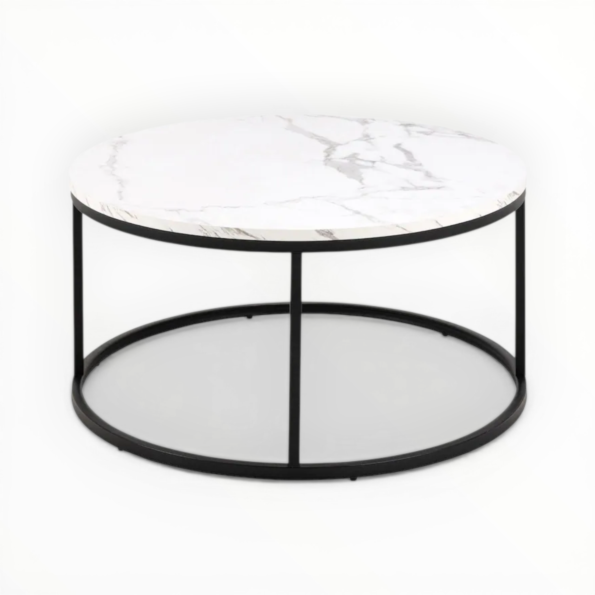 Round coffee table with marble top and black metal frame on a white background