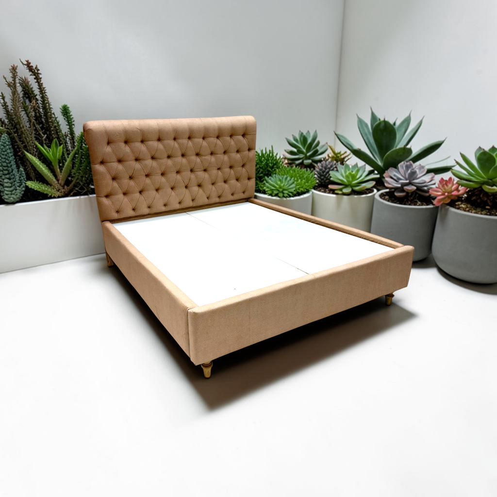 Cleo beige queen bed with scrolled top rail and deep button tufting, solid wood frame, Woodkraft Studio Hyderabad