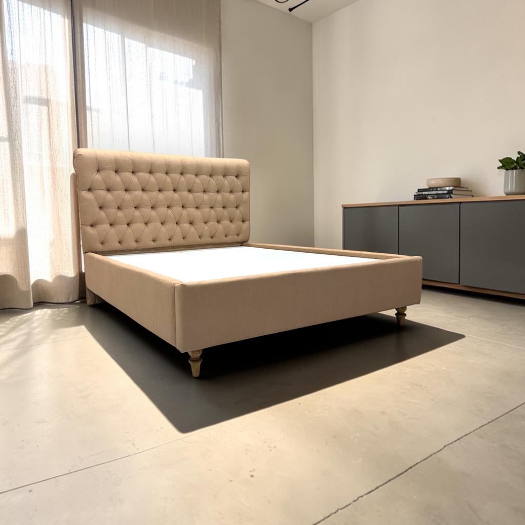 Cleo classic upholstered bed in beige with Chesterfield-style tufted headboard, Move-In Ready collection, Woodkraft Studio