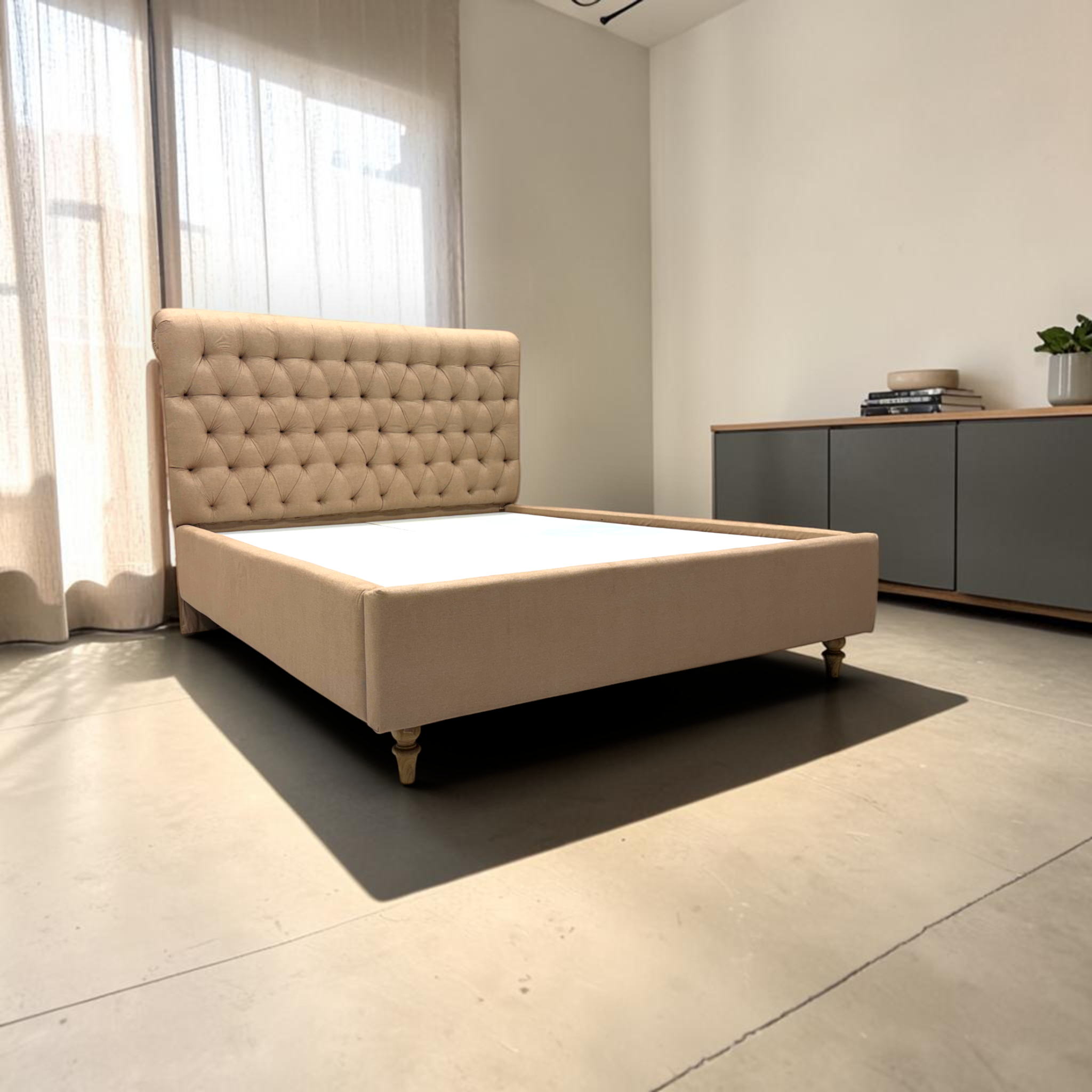 Cleo classic upholstered bed in beige with Chesterfield-style tufted headboard, Move-In Ready collection, Woodkraft Studio