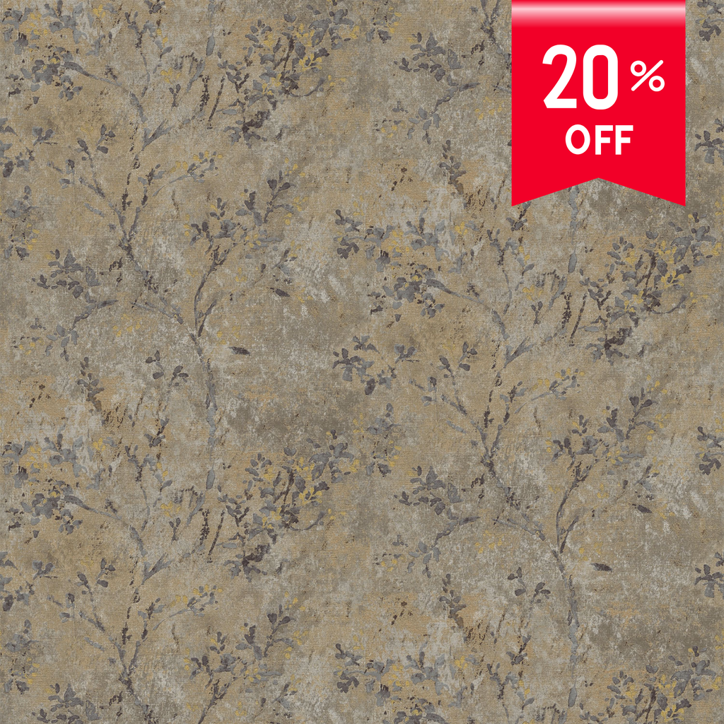 A close-up of a textured wallpaper or fabric pattern in warm beige, taupe, and gray with subtle floral and branch motifs, plus a red promotional badge in the top right that reads '20% OFF'.