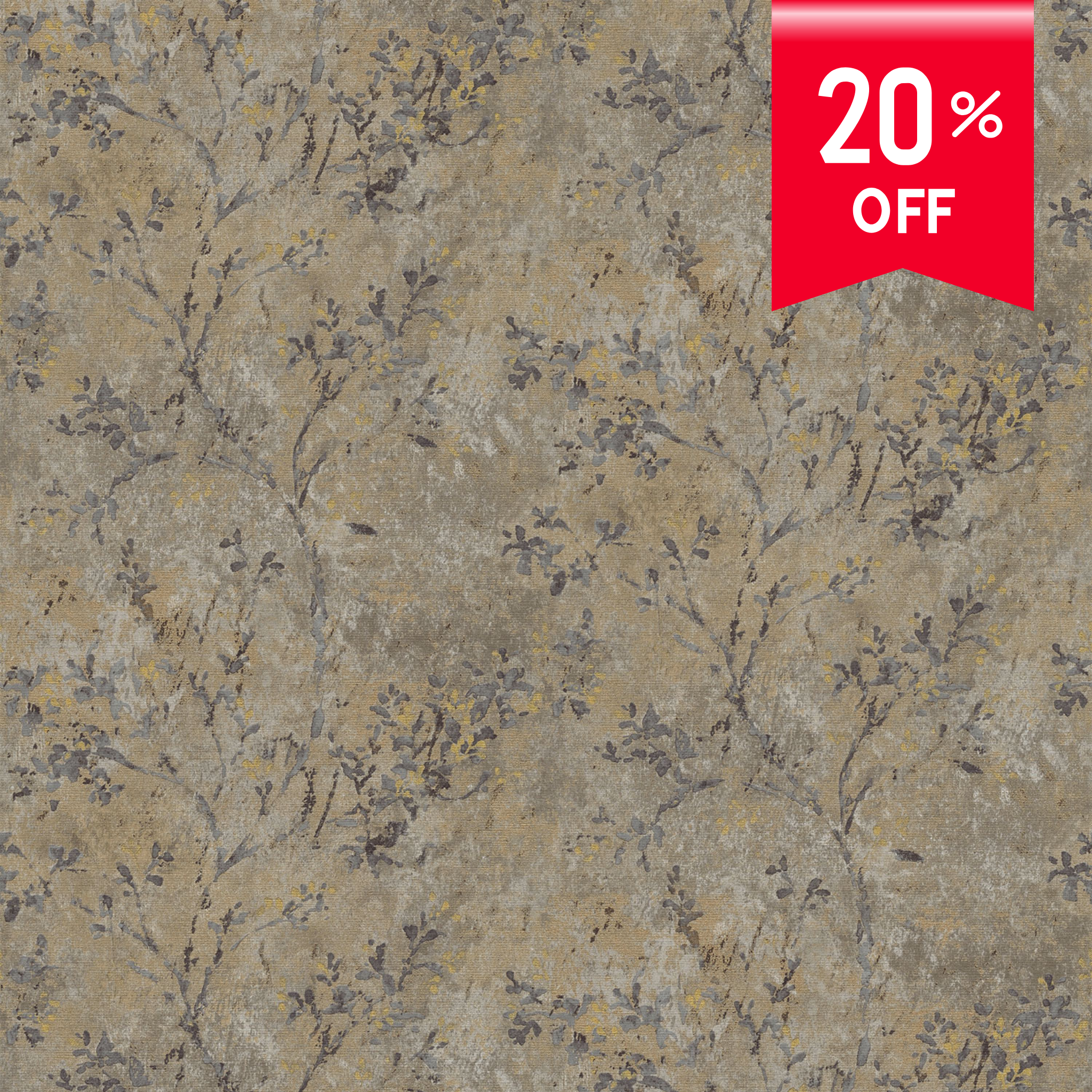 A close-up of a textured wallpaper or fabric pattern in warm beige, taupe, and gray with subtle floral and branch motifs, plus a red promotional badge in the top right that reads '20% OFF'.