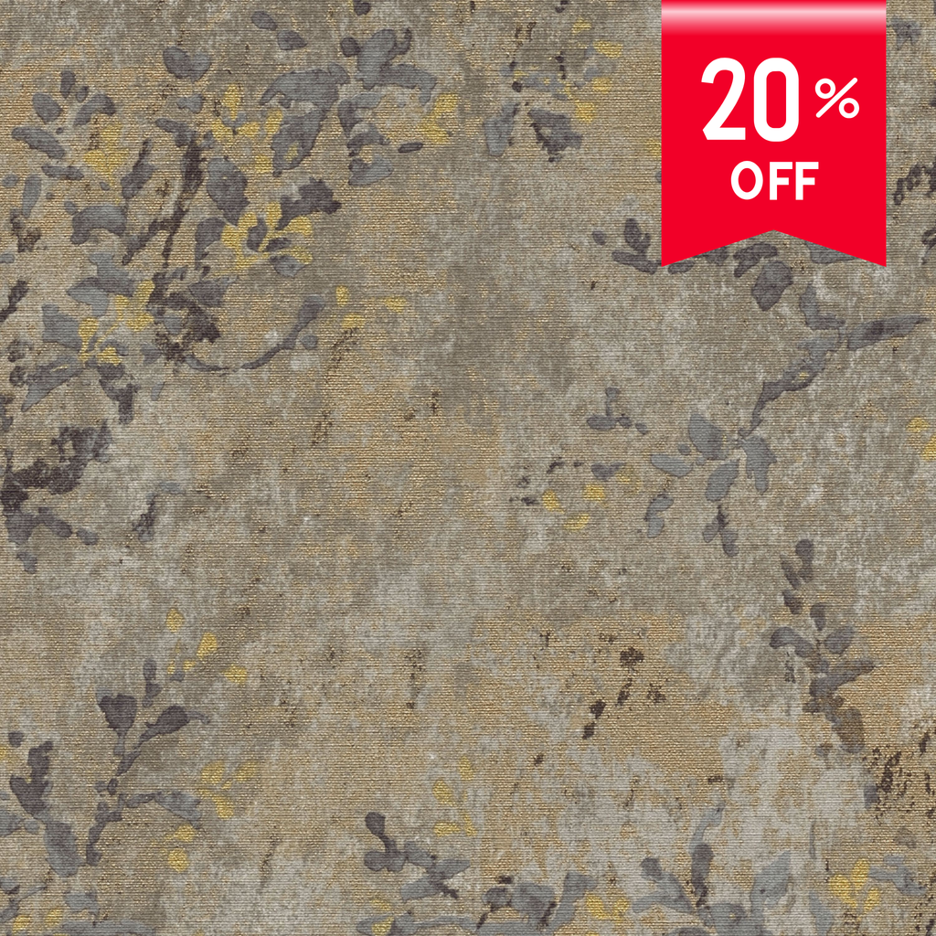 A close-up of a textured surface with an abstract floral pattern in warm beige, gray, and muted gold tones, with a red promotional badge in the top-right corner reading '20% OFF'.