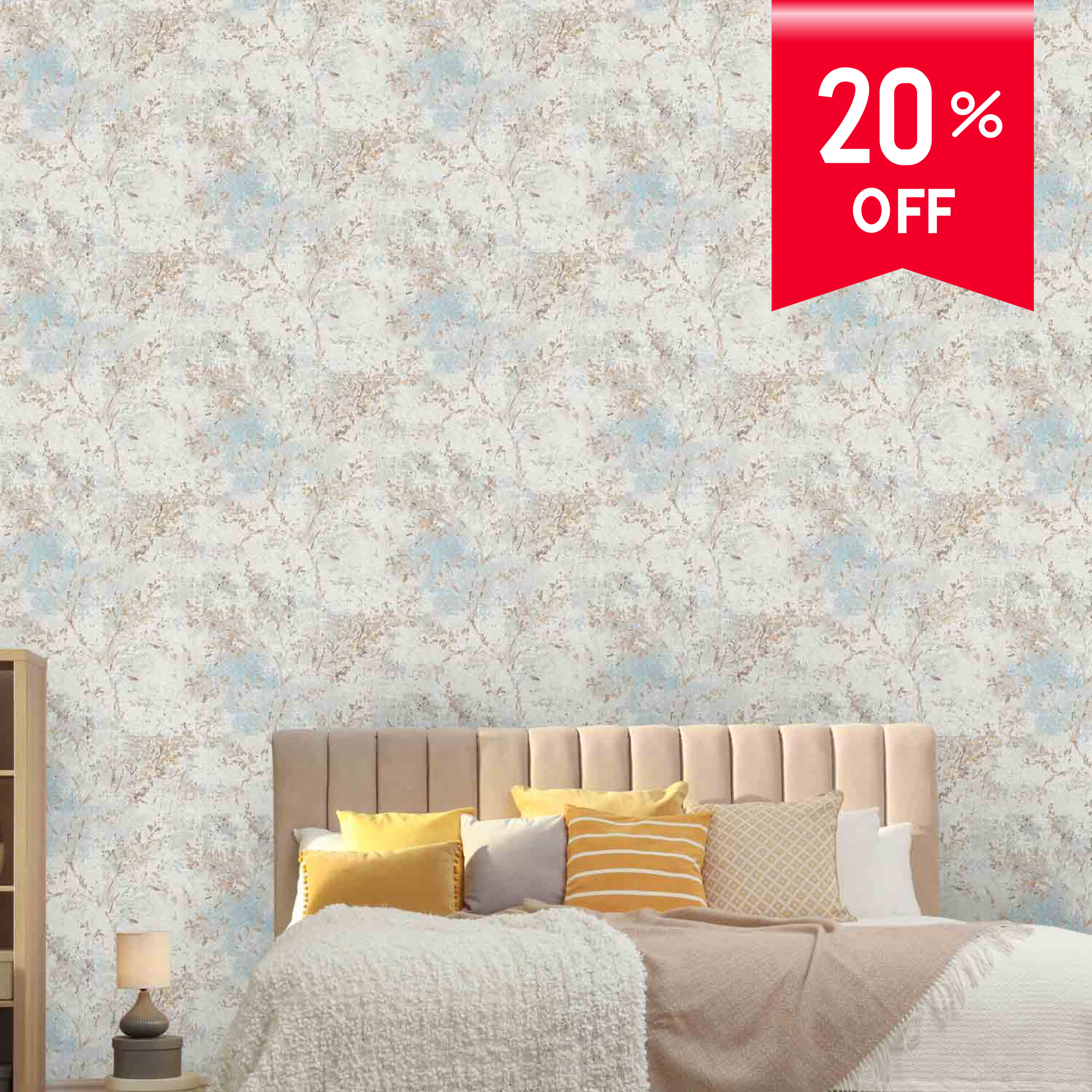 Climbers wallpaper 39650-2 in pale blue and taupe, bedroom styling
