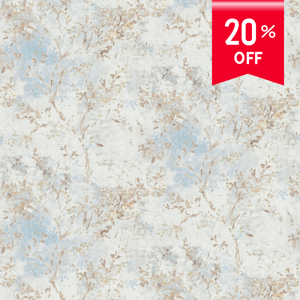 A close-up of a wallpaper or fabric pattern with a distressed, abstract design in off-white, light blue, and beige/tan floral-branch motifs. A red promotional ribbon in the top-right corner reads '20% OFF'.