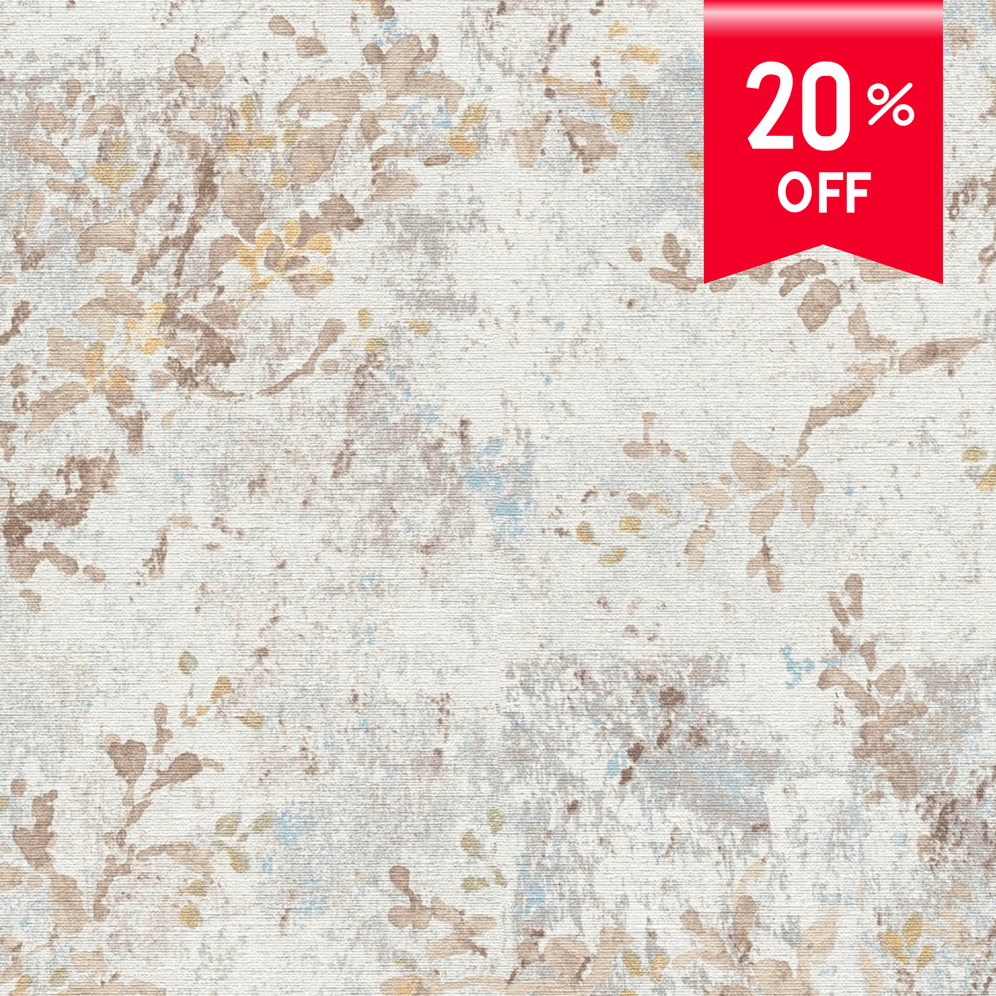 A close-up of a textured wallpaper or fabric pattern in off-white, beige, light brown, and soft blue, with a red promotional ribbon in the top right reading '20% OFF'.