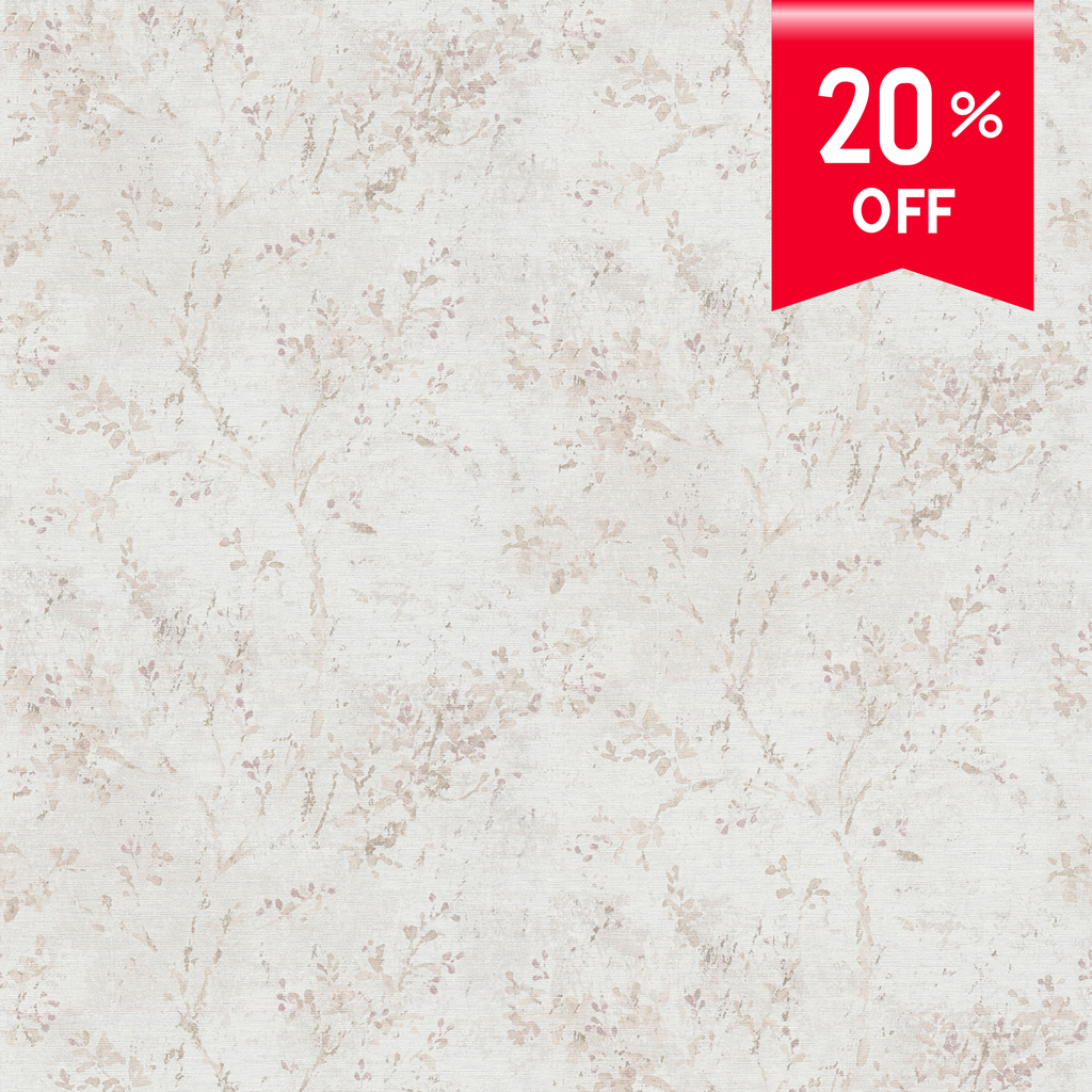 A close-up of a light beige and off-white floral patterned surface with a red promotional ribbon in the top-right corner reading '20% OFF'.