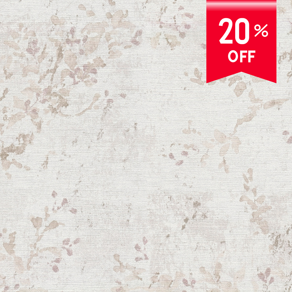 A close-up of a textured wallpaper or fabric swatch in warm off-white with soft beige and muted dusty pink floral brushstrokes, plus a red promotional ribbon in the top-right corner reading '20% OFF'.