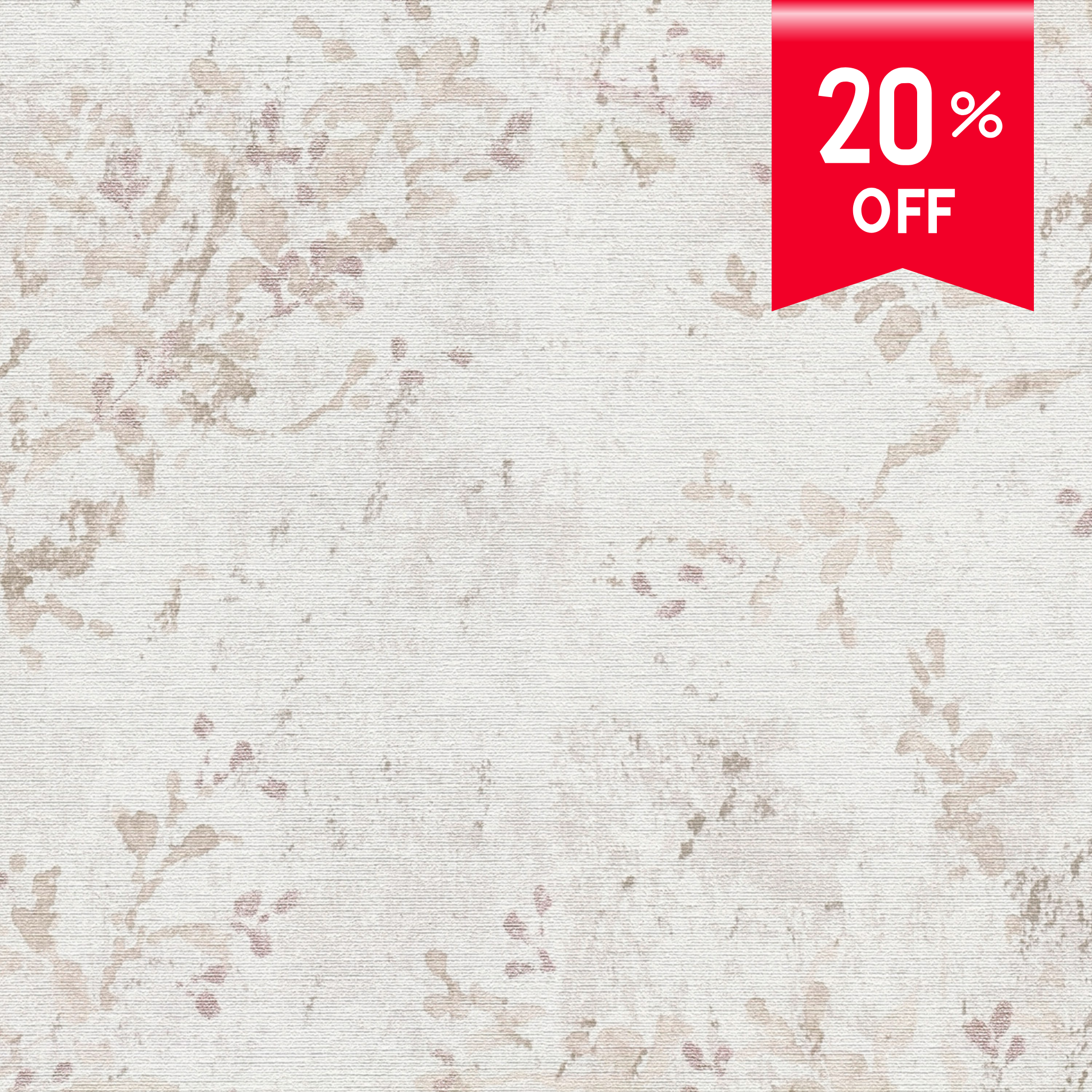 A close-up of a textured wallpaper or fabric swatch in warm off-white with soft beige and muted dusty pink floral brushstrokes, plus a red promotional ribbon in the top-right corner reading '20% OFF'.