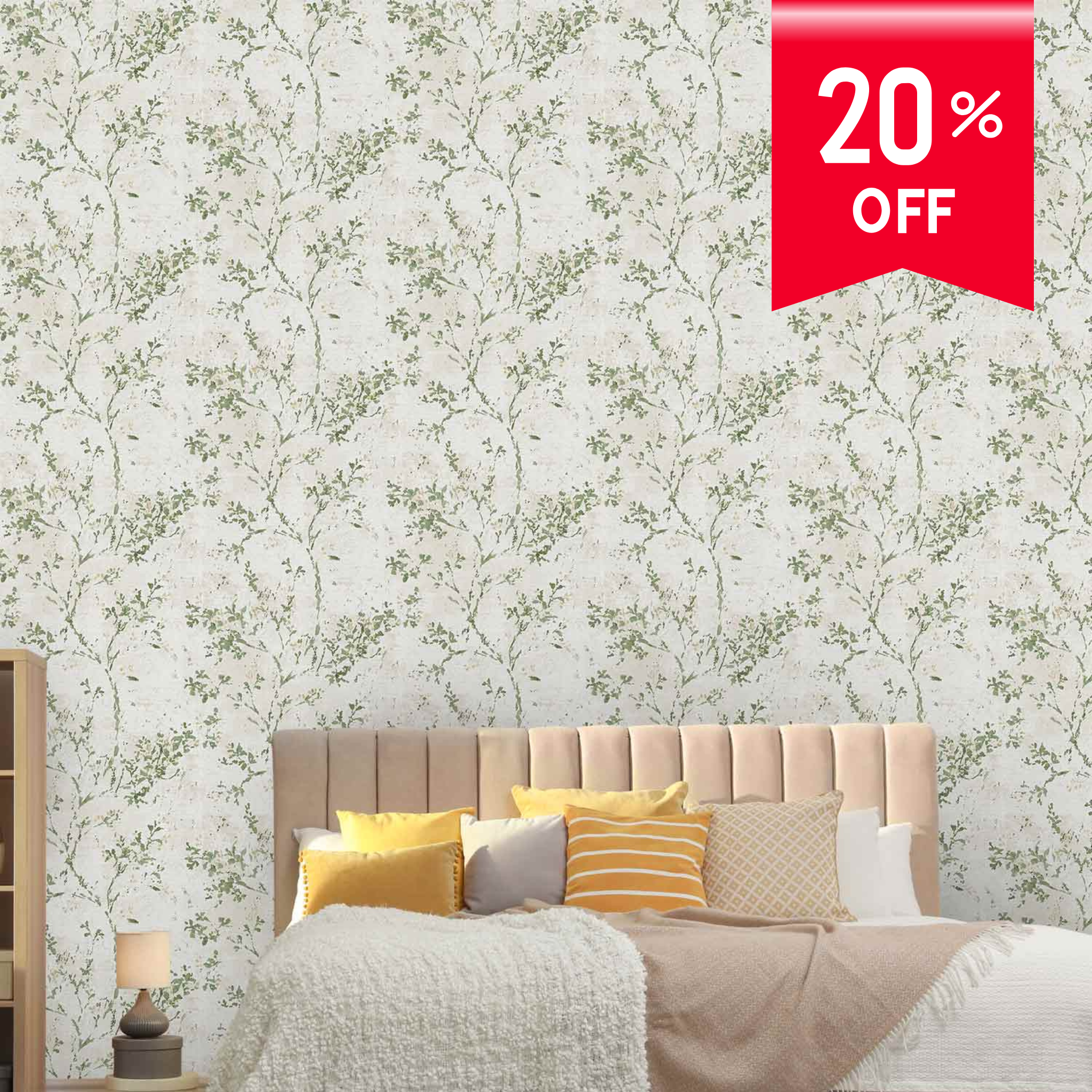 Climbers wallpaper 39650-4 in sage green on ivory, bedroom styling