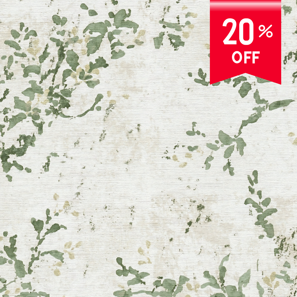 A close-up of a wallpaper or fabric pattern featuring green leafy botanical motifs on a textured off-white background, with a red '20% OFF' promotional ribbon in the top right corner.
