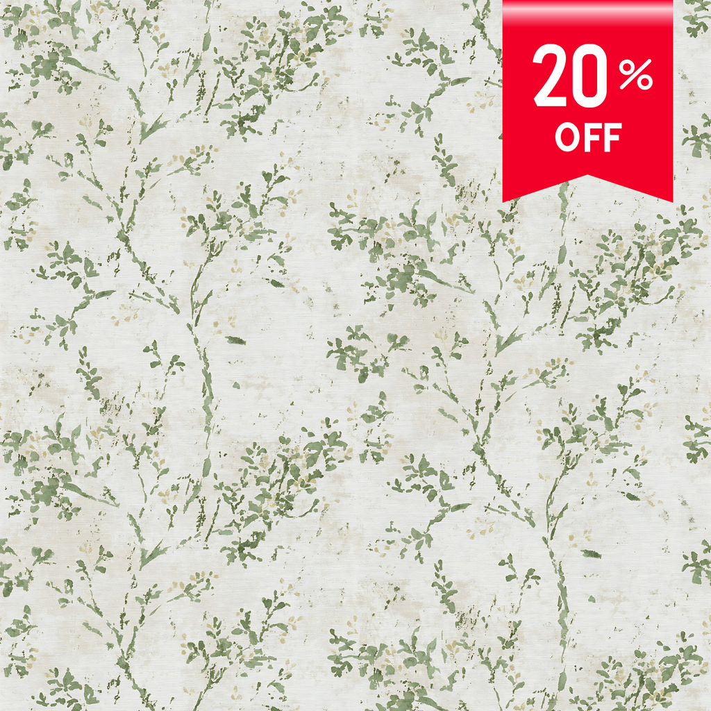 A close-up of a wallpaper or fabric pattern featuring delicate green leafy branches on a warm off-white textured background, with a red '20% OFF' promotional ribbon in the top right corner.