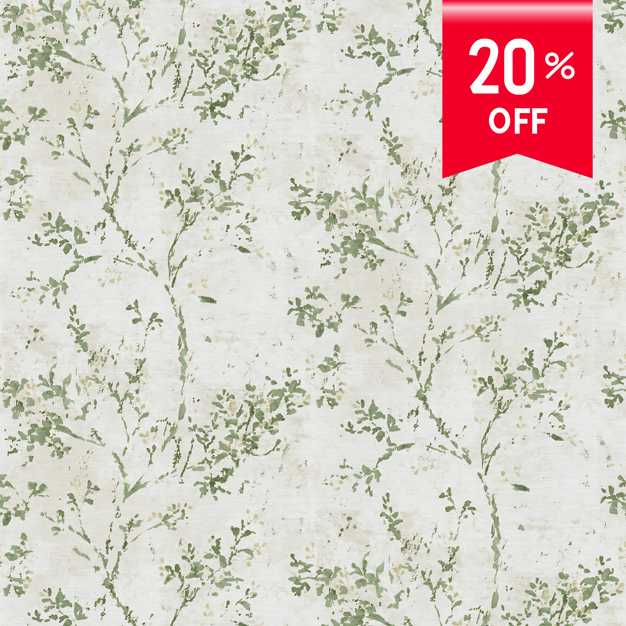 A close-up of a wallpaper or fabric pattern featuring delicate green leafy branches on a warm off-white textured background, with a red '20% OFF' promotional ribbon in the top right corner.