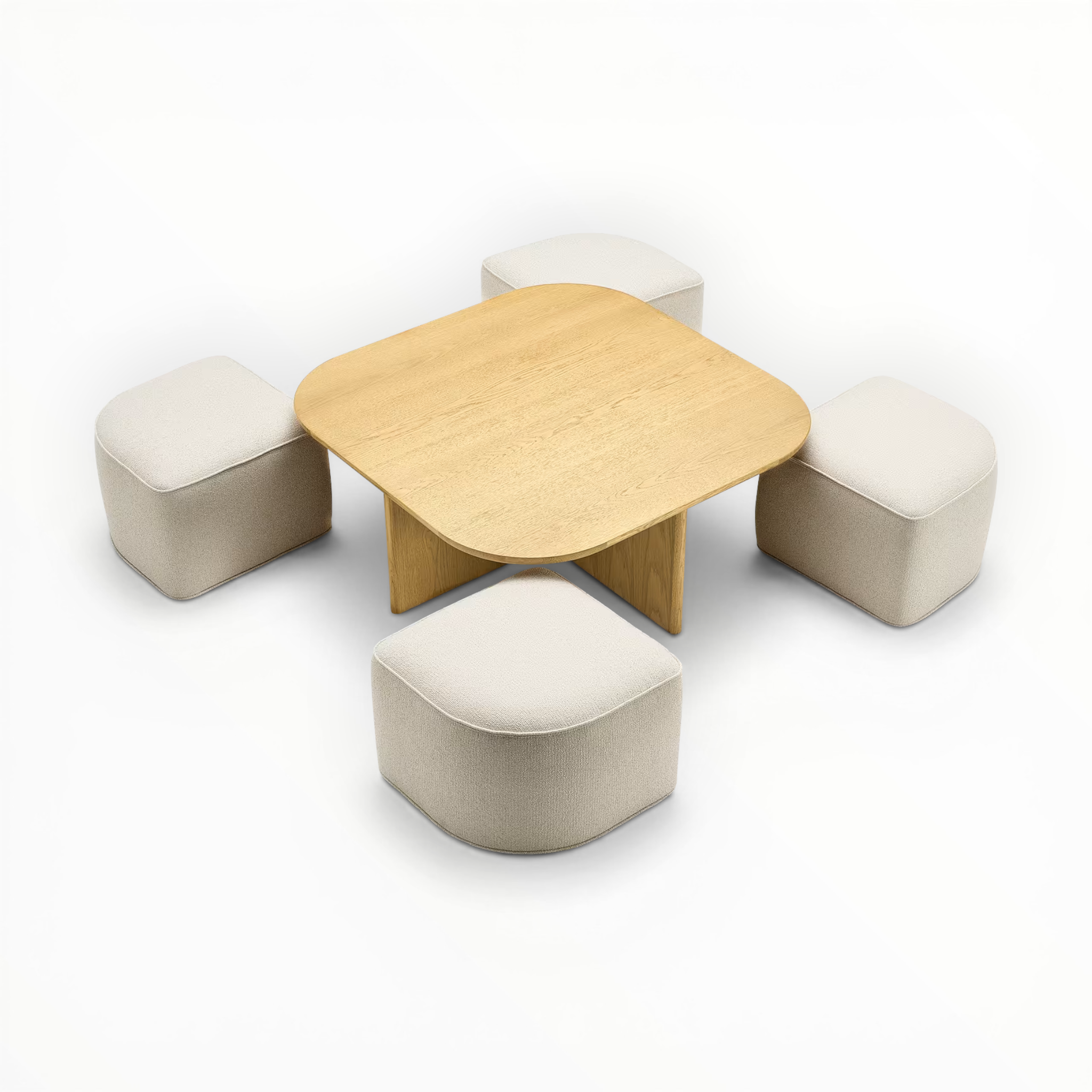 Wooden table with four cushioned stools on a white background