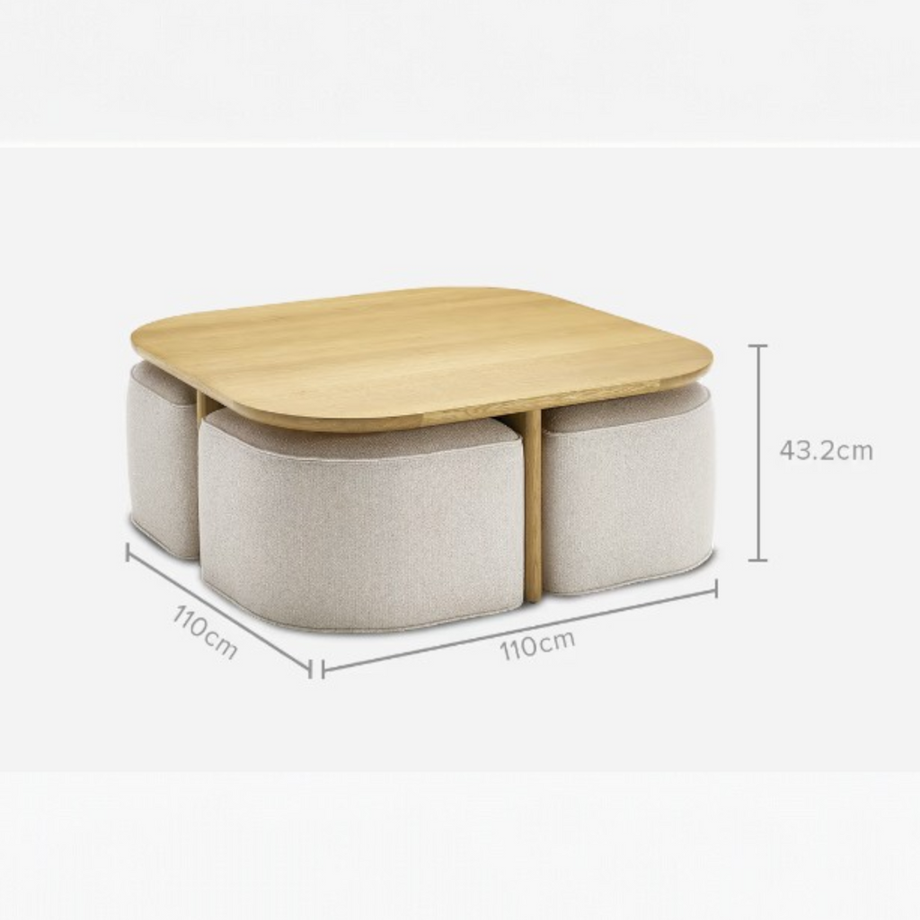 Small table with storage compartments and dimensions on a white background
