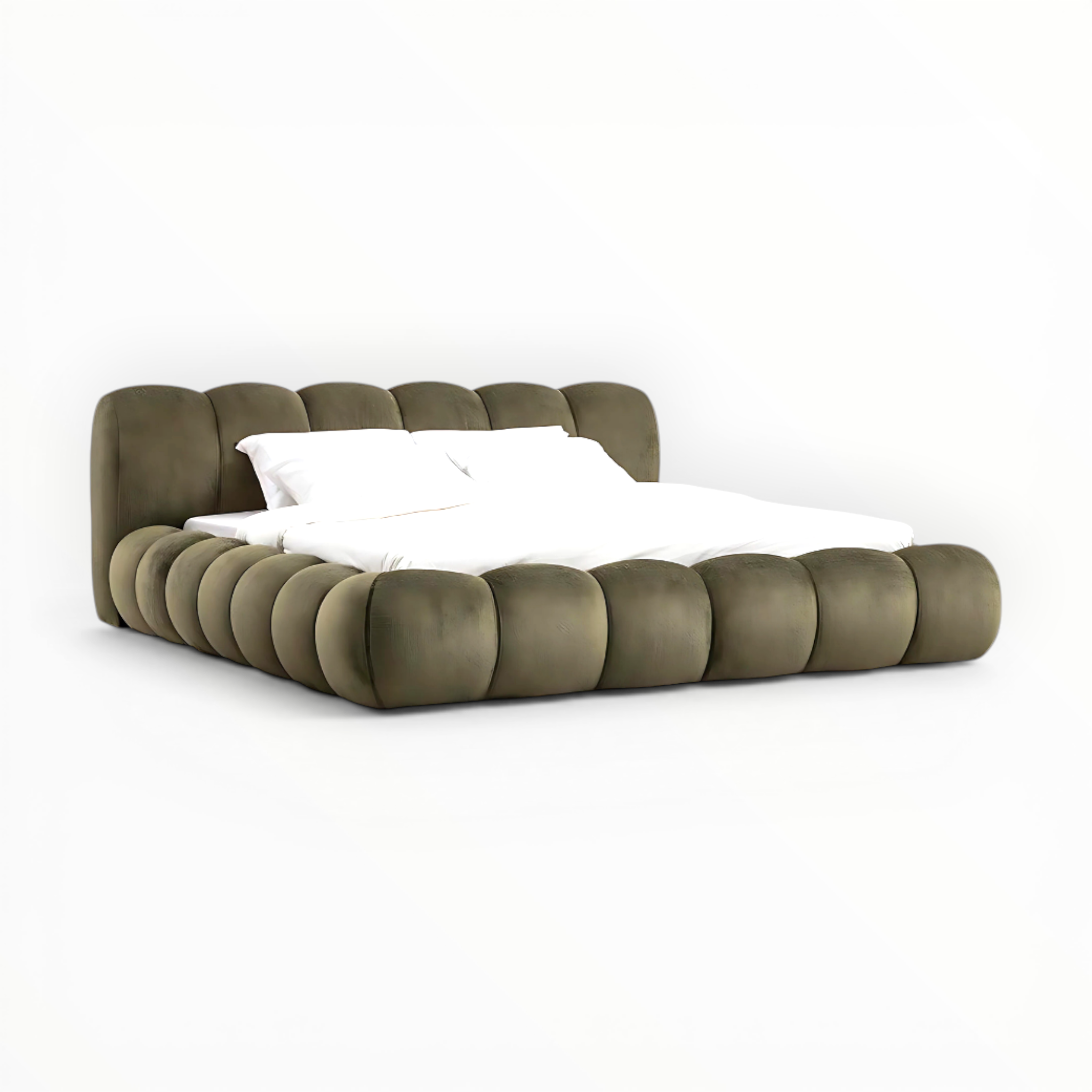 Modern bed with round, tufted headboard on a white background