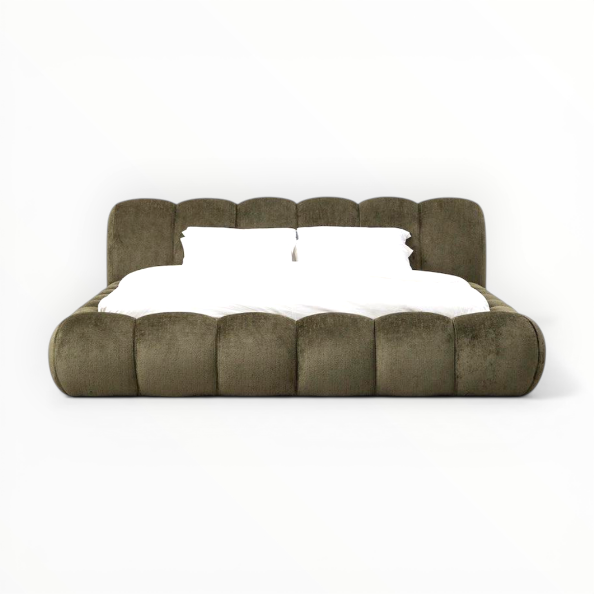 Brown cushioned bed with white pillows on a white background