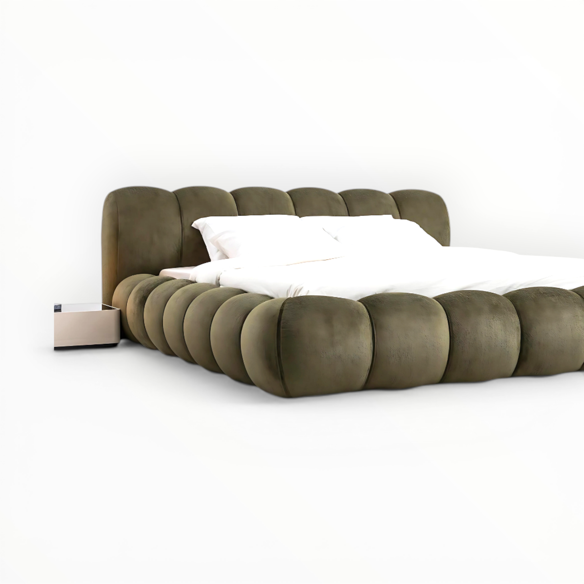 Modern bed with a tufted headboard on a white background