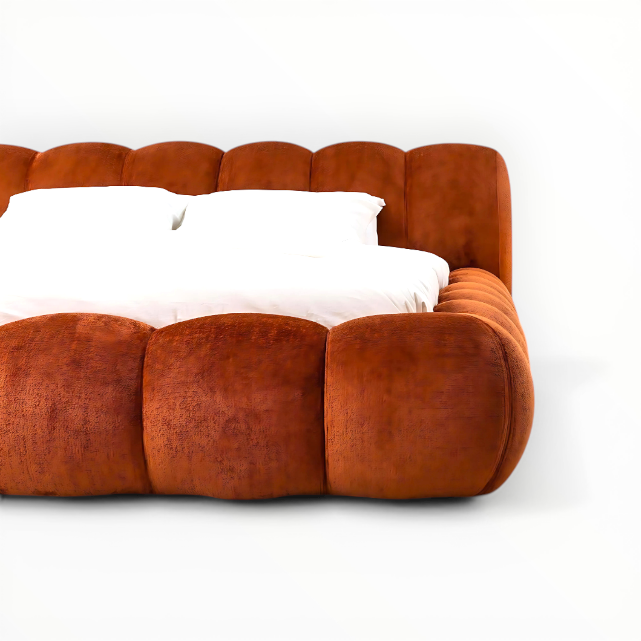 Orange velvet bed with white pillows on a white background