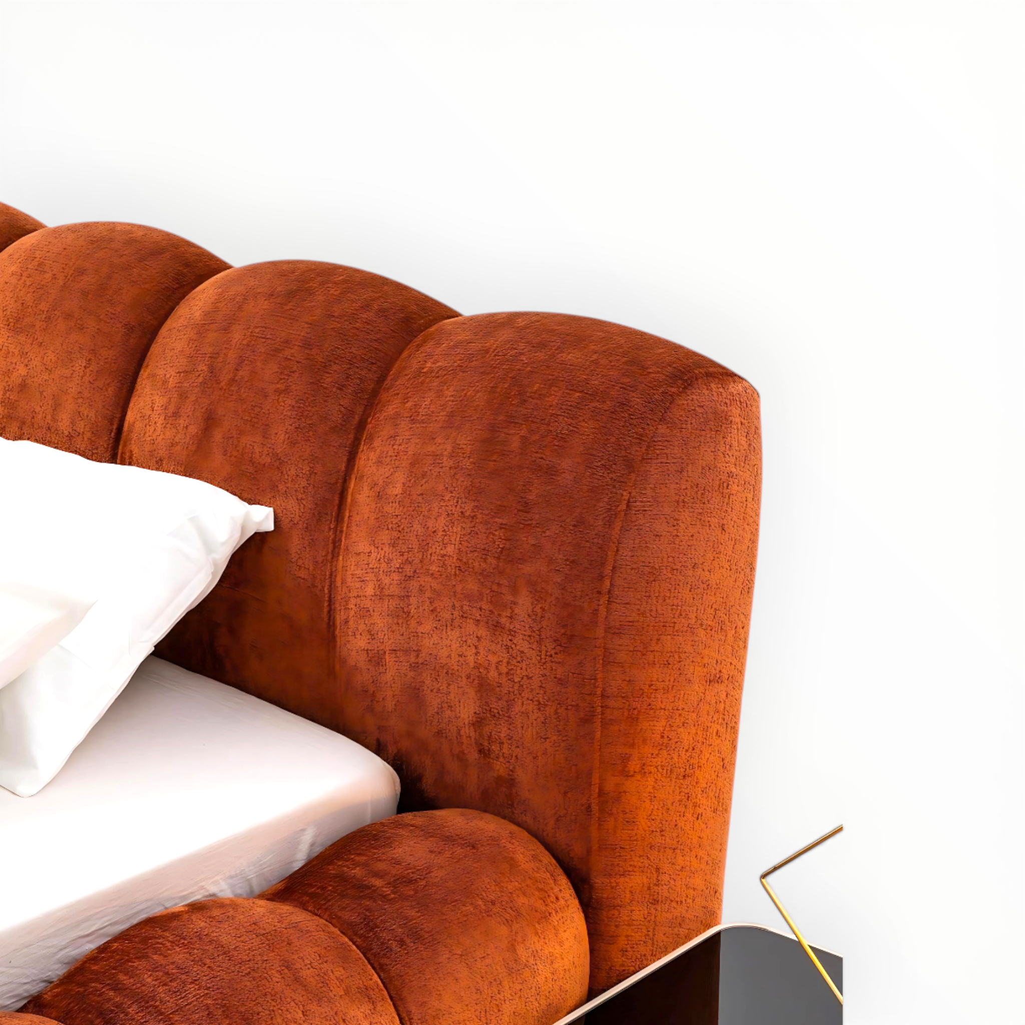 Close-up of a brown upholstered headboard with a white pillow on a bed.