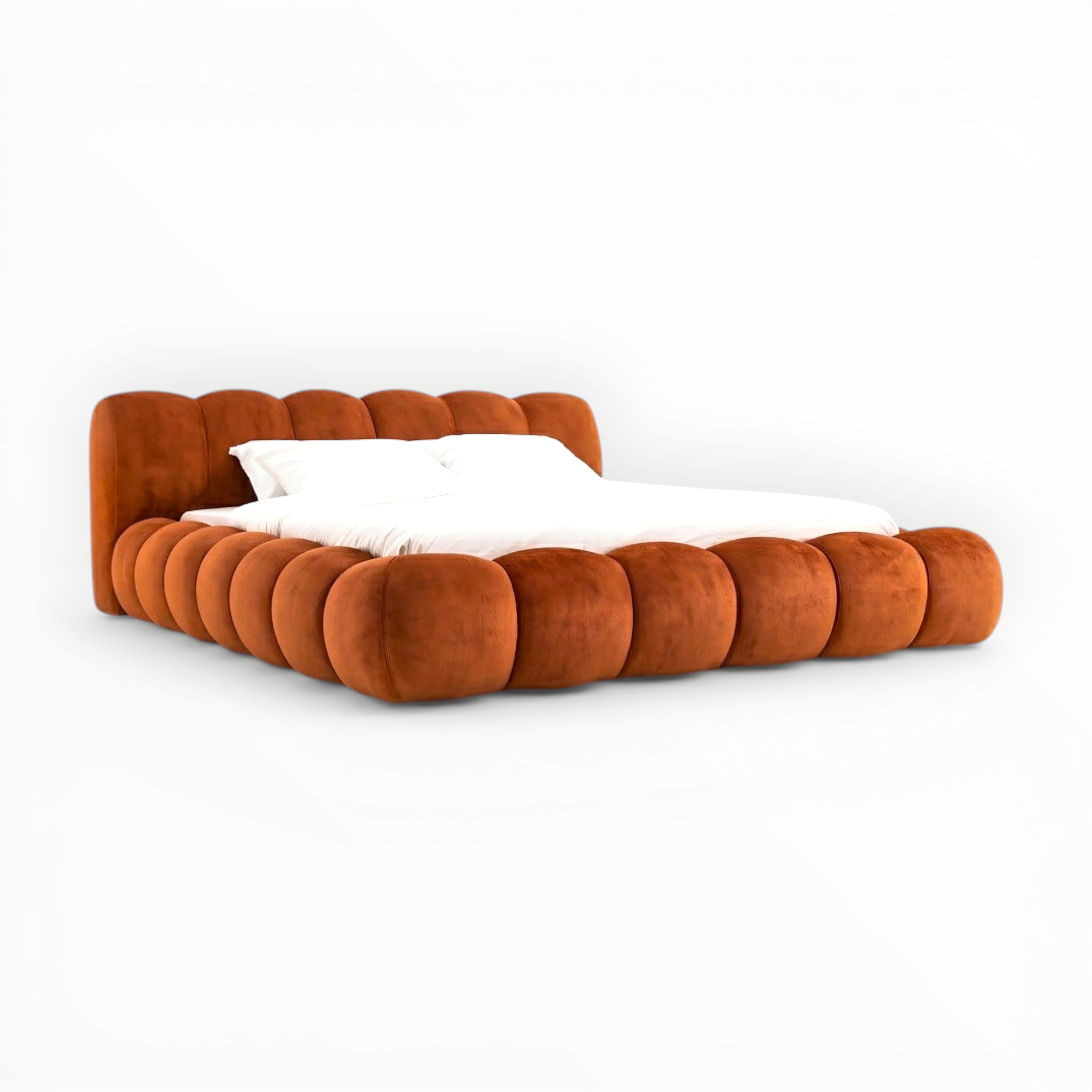 Orange upholstered bed with white bedding on a white background