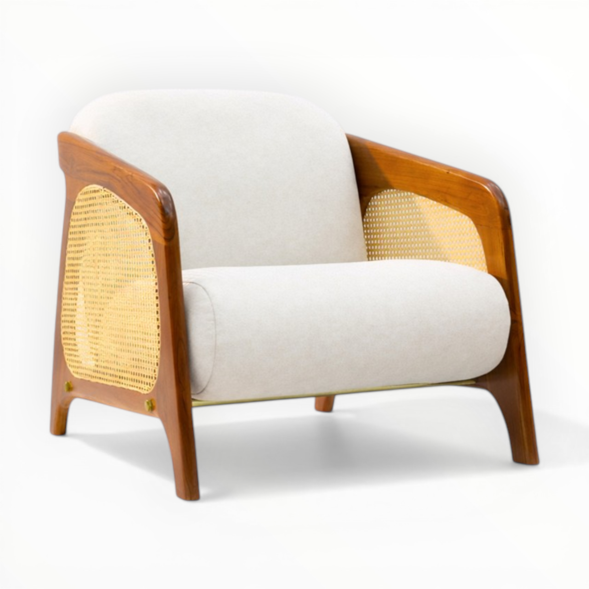 Chair with wooden frame and white cushion on a white background