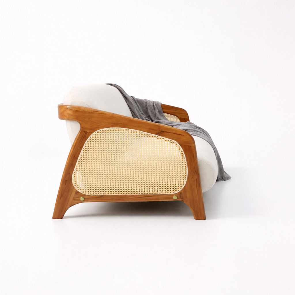 Modern chair with wooden frame and wicker backrest on a white background