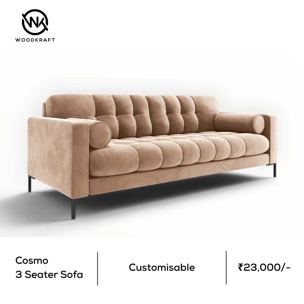 Cosmo 3 Seater Sofa | Deep-Buttoned Velvet Sofa in Hyderabad