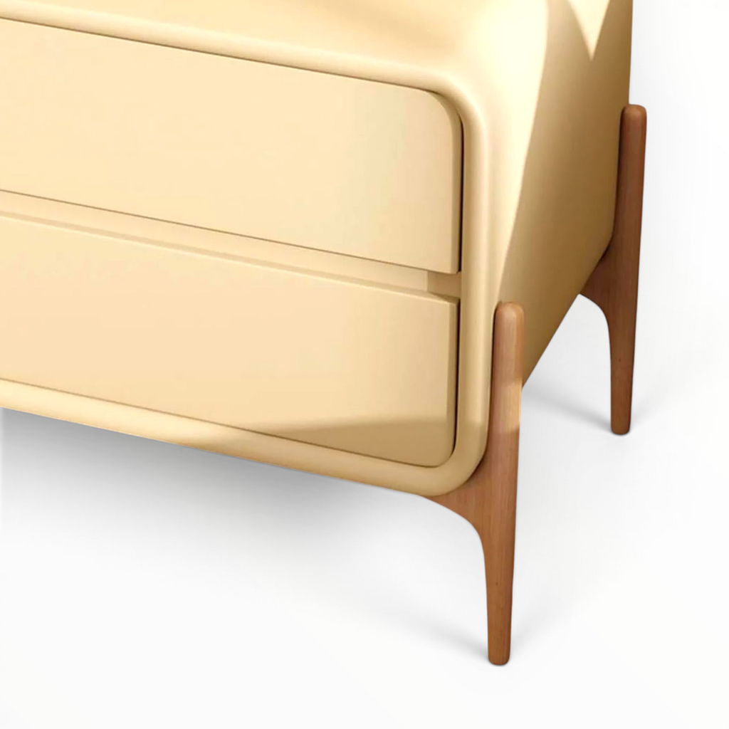 Close-up of a beige bed with wooden legs on a white background