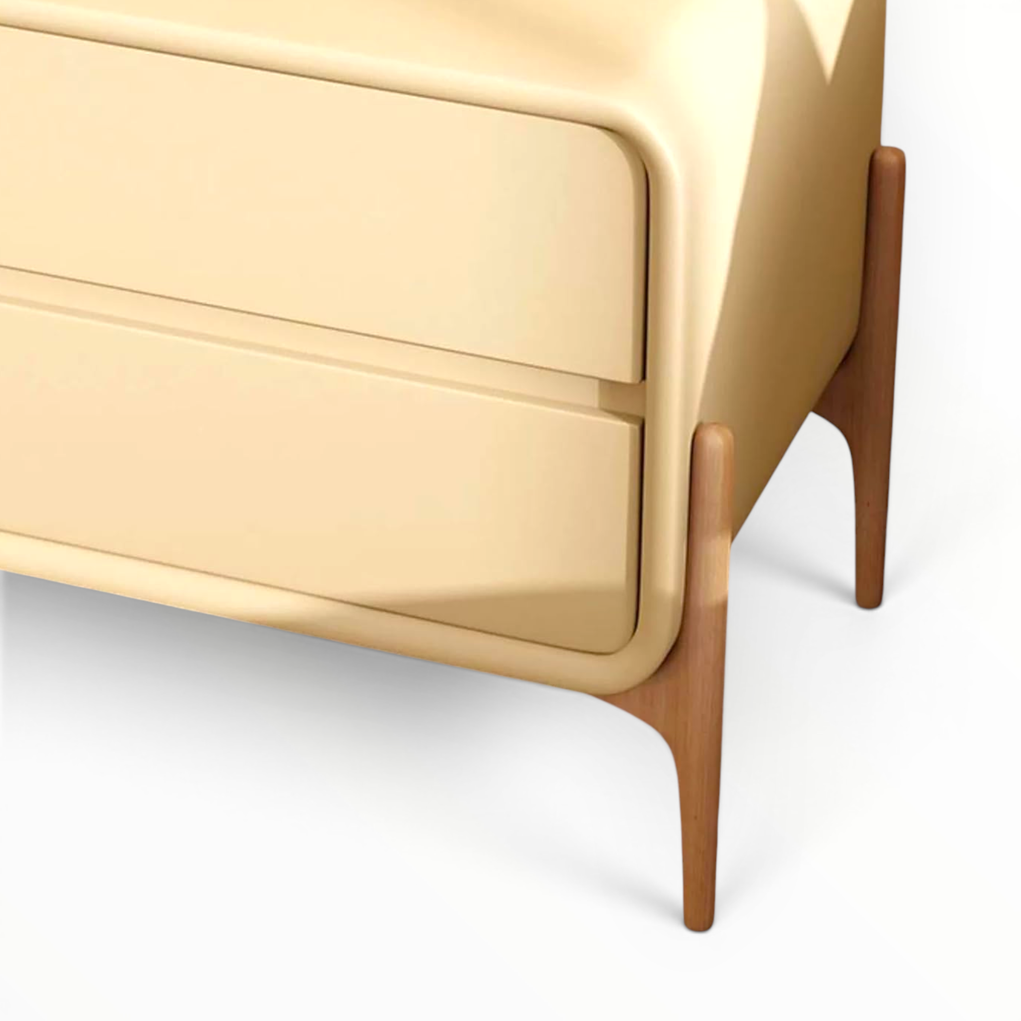Close-up of a beige bed with wooden legs on a white background