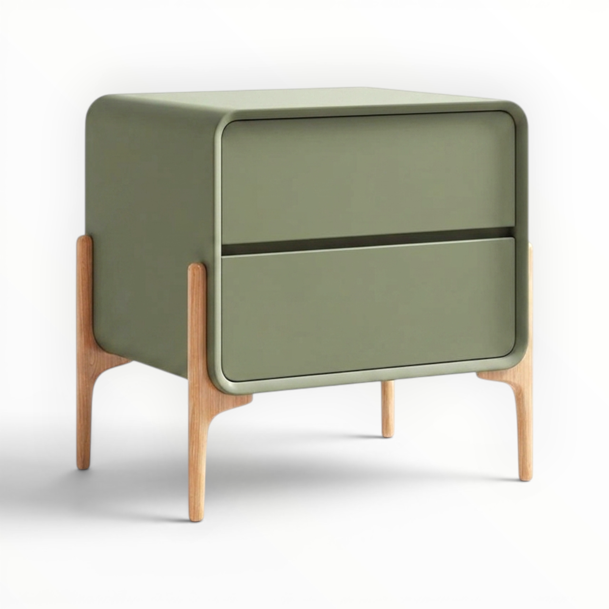 Green cabinet with wooden legs on a white background