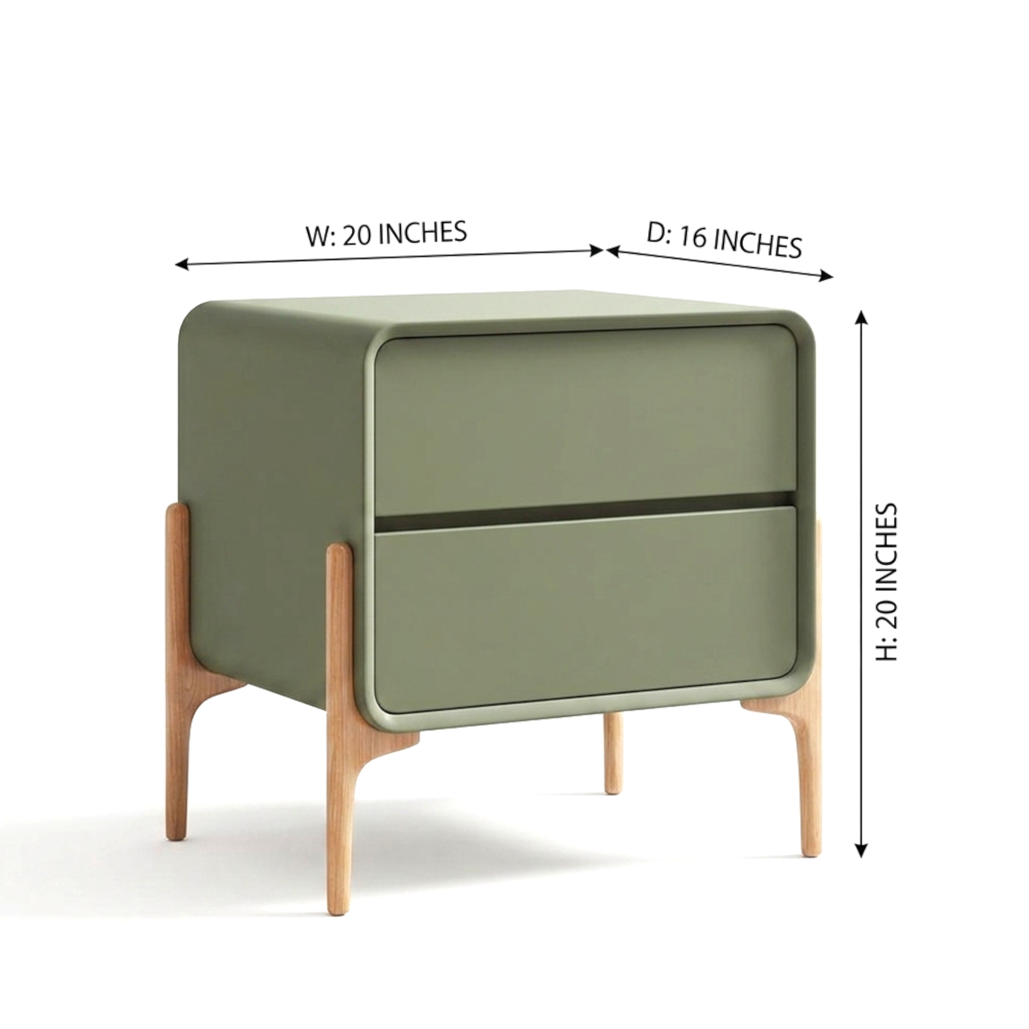 Green nightstand with dimensions labeled on a white background